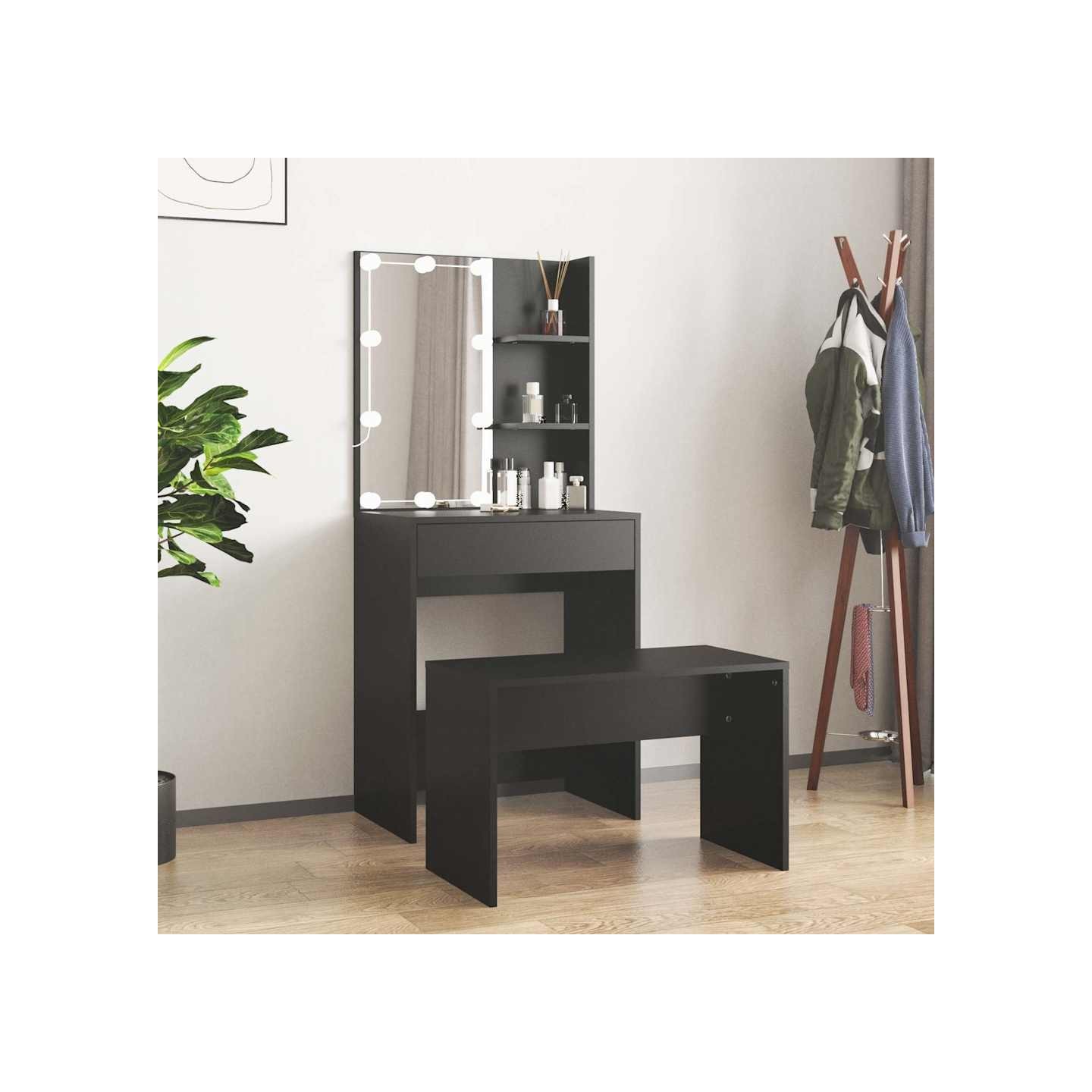 Ensemble de coiffeuse avec LED Noir Bois d'ingénierie