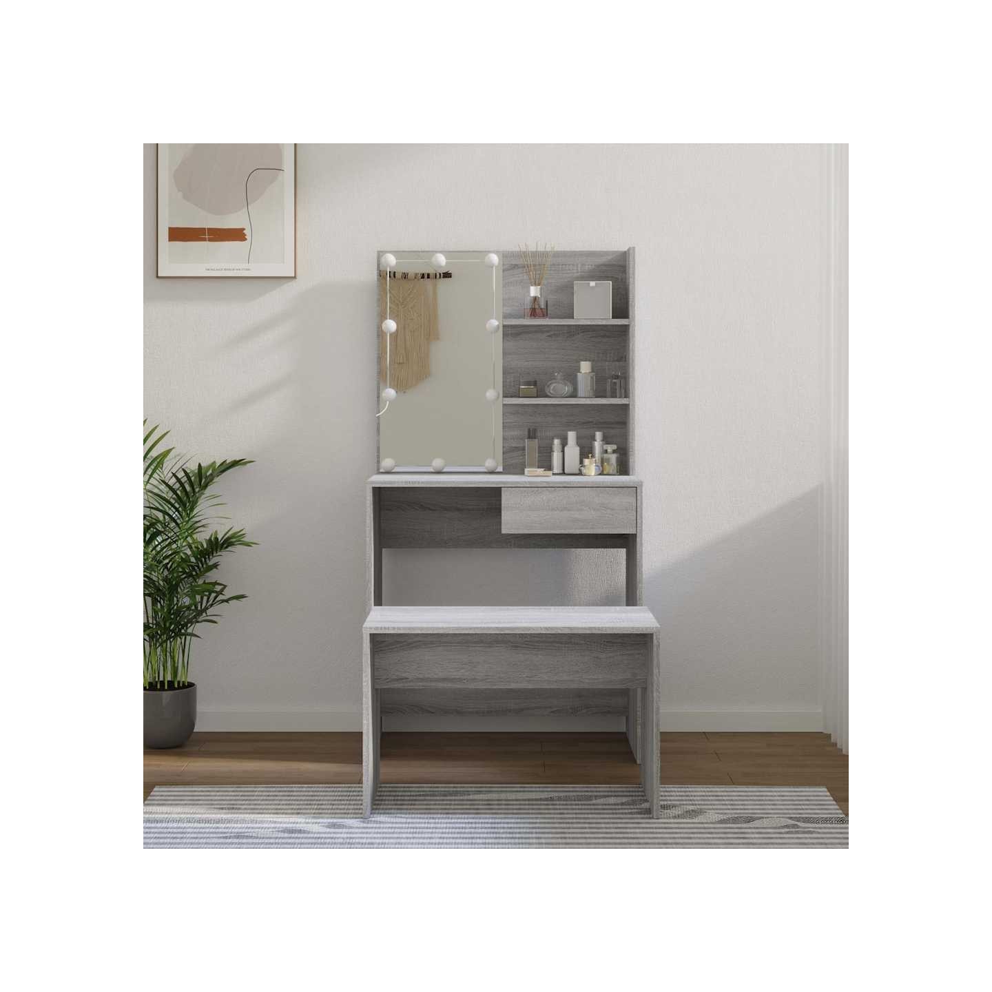 Ensemble de coiffeuse avec LED Sonoma gris Bois d'ingénierie
