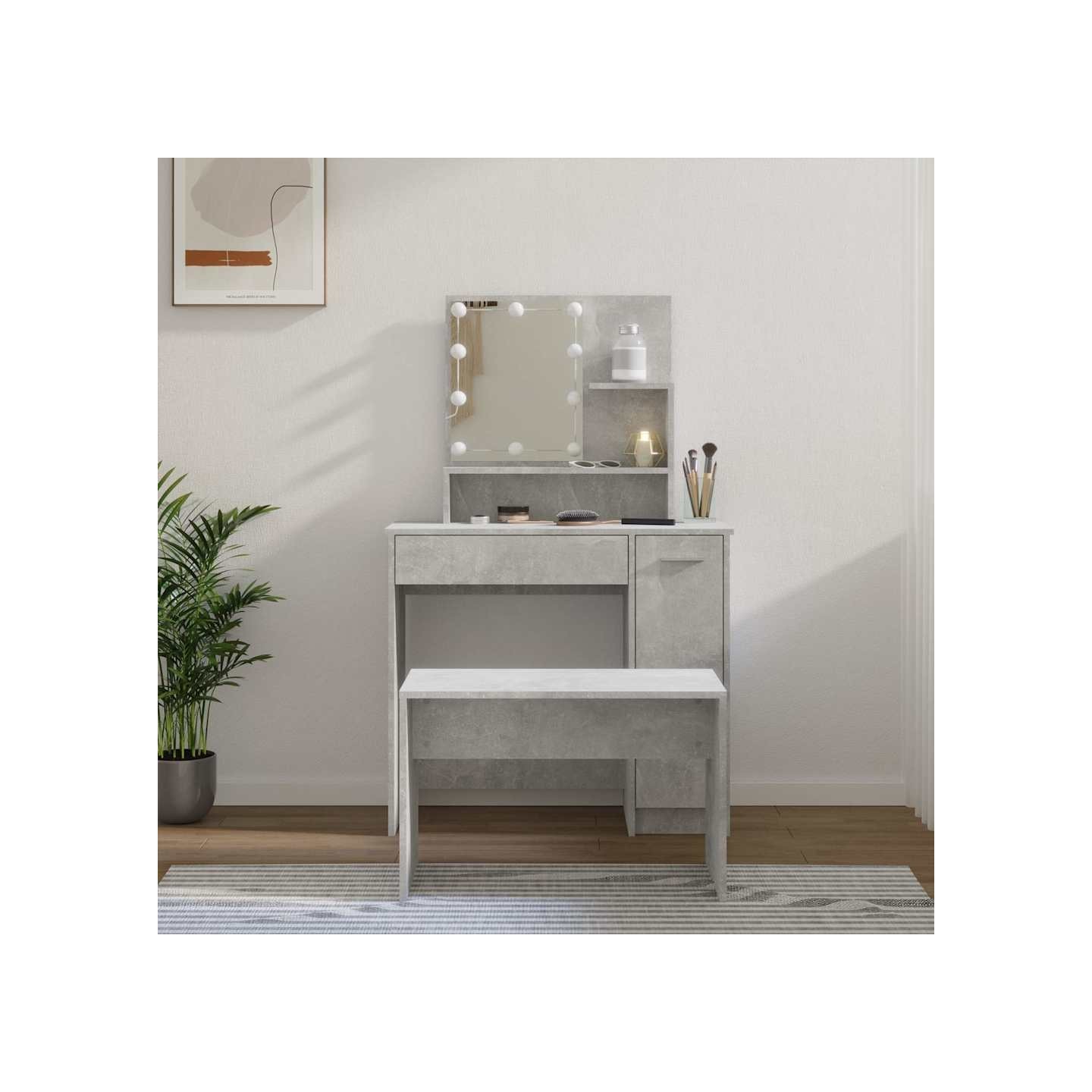 Ensemble de coiffeuse avec LED Gris béton Bois d'ingénierie