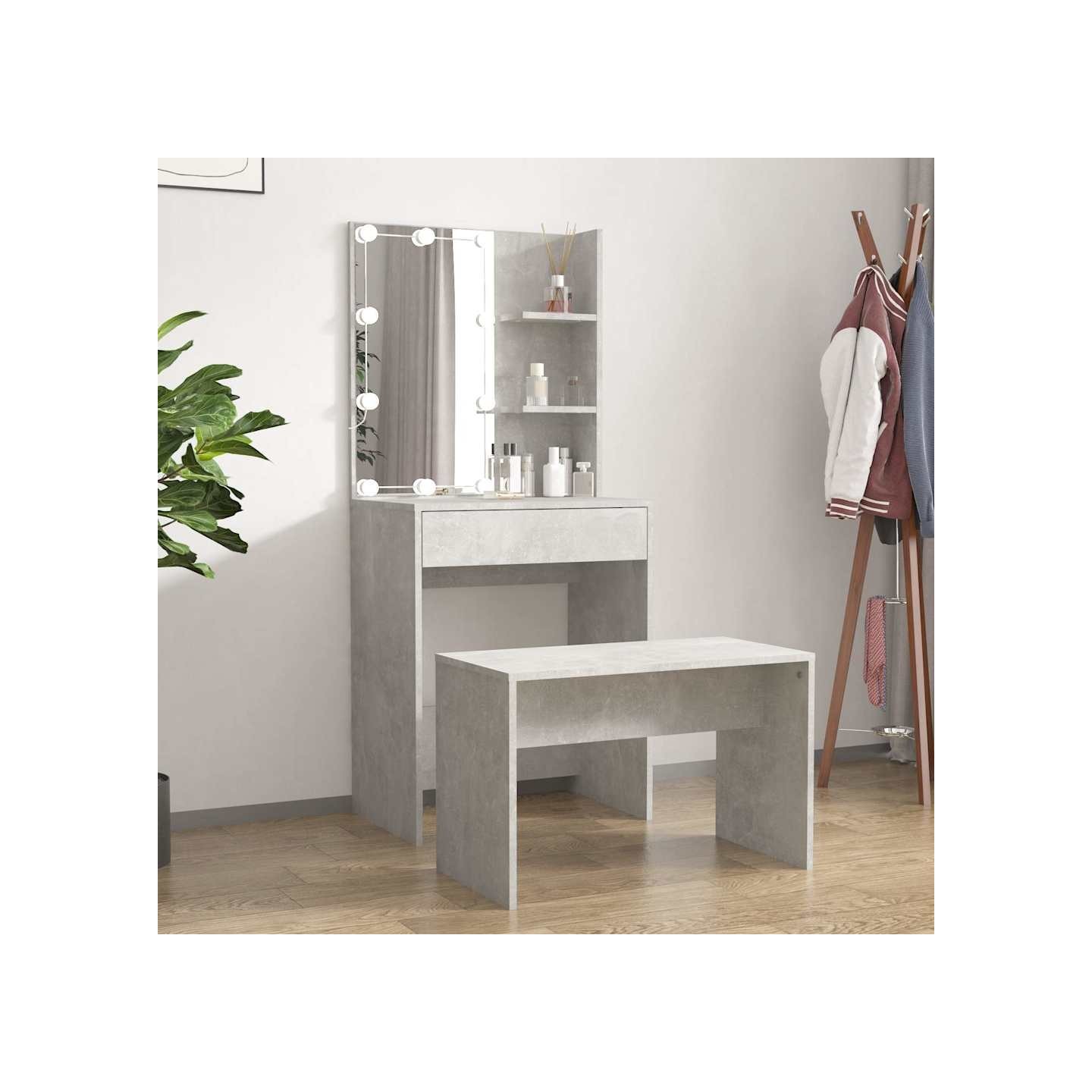 Ensemble de coiffeuse avec LED Gris béton Bois d'ingénierie