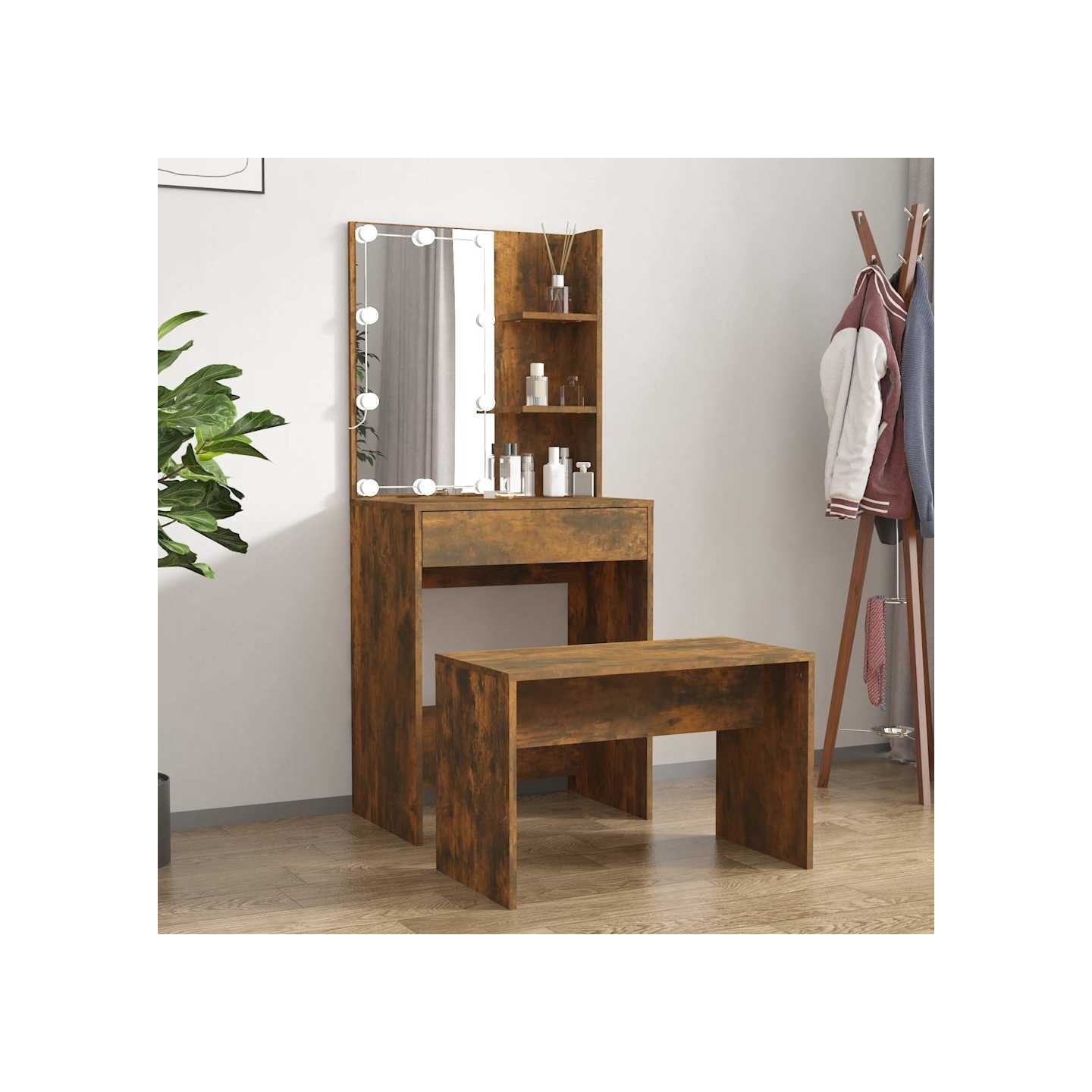 Ensemble de coiffeuse avec LED Chêne fumé Bois d'ingénierie