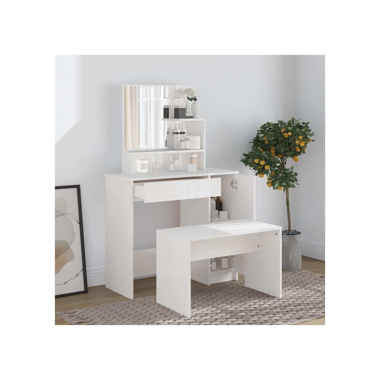Ensemble de coiffeuse Blanc brillant 86,5x35x136 cm
