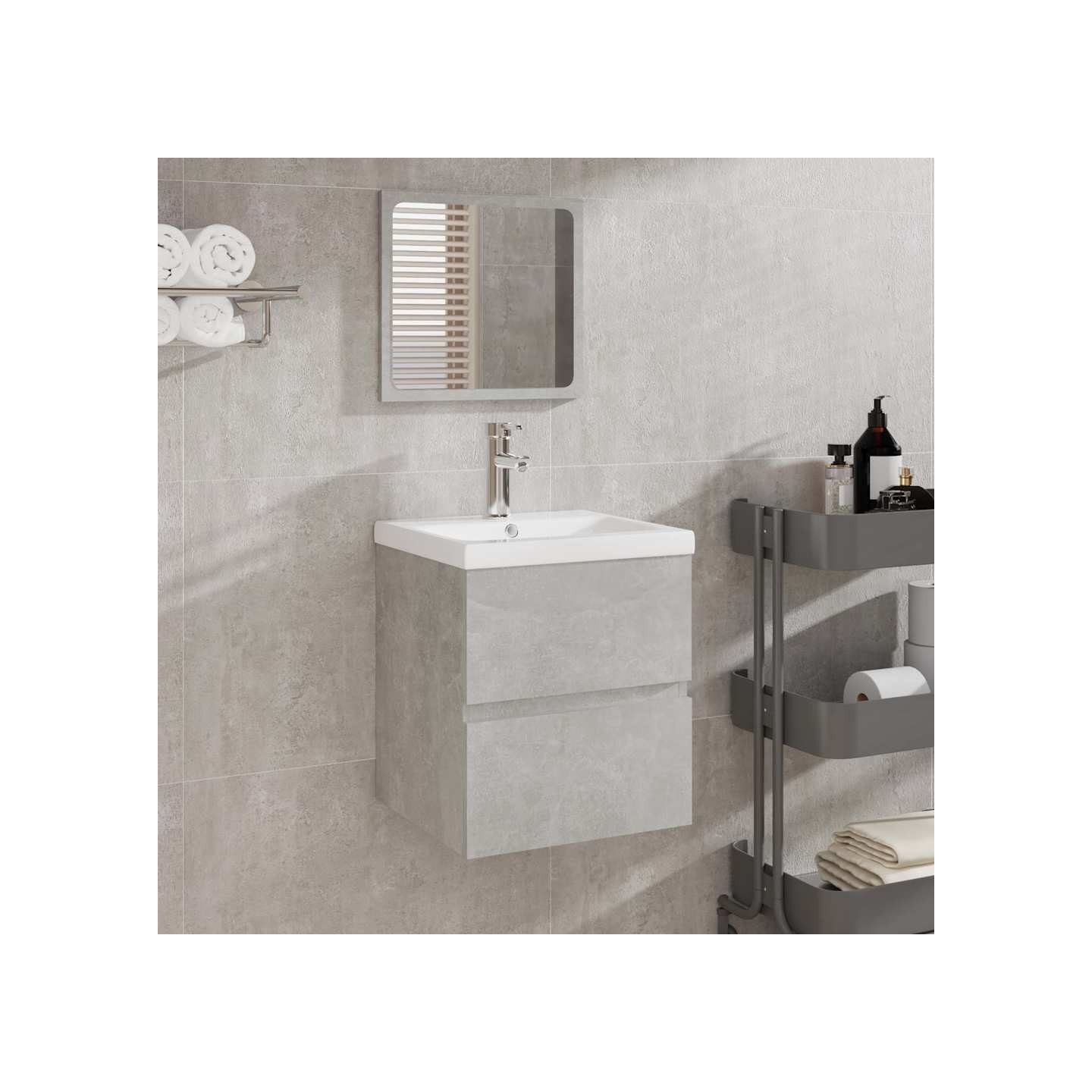 Armoire lavabo de salle de bain et bassin et miroir Gris béton