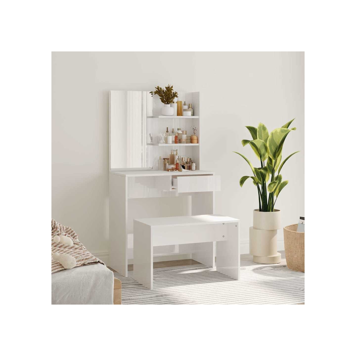 Ensemble de coiffeuse Blanc brillant 74,5x40x141 cm
