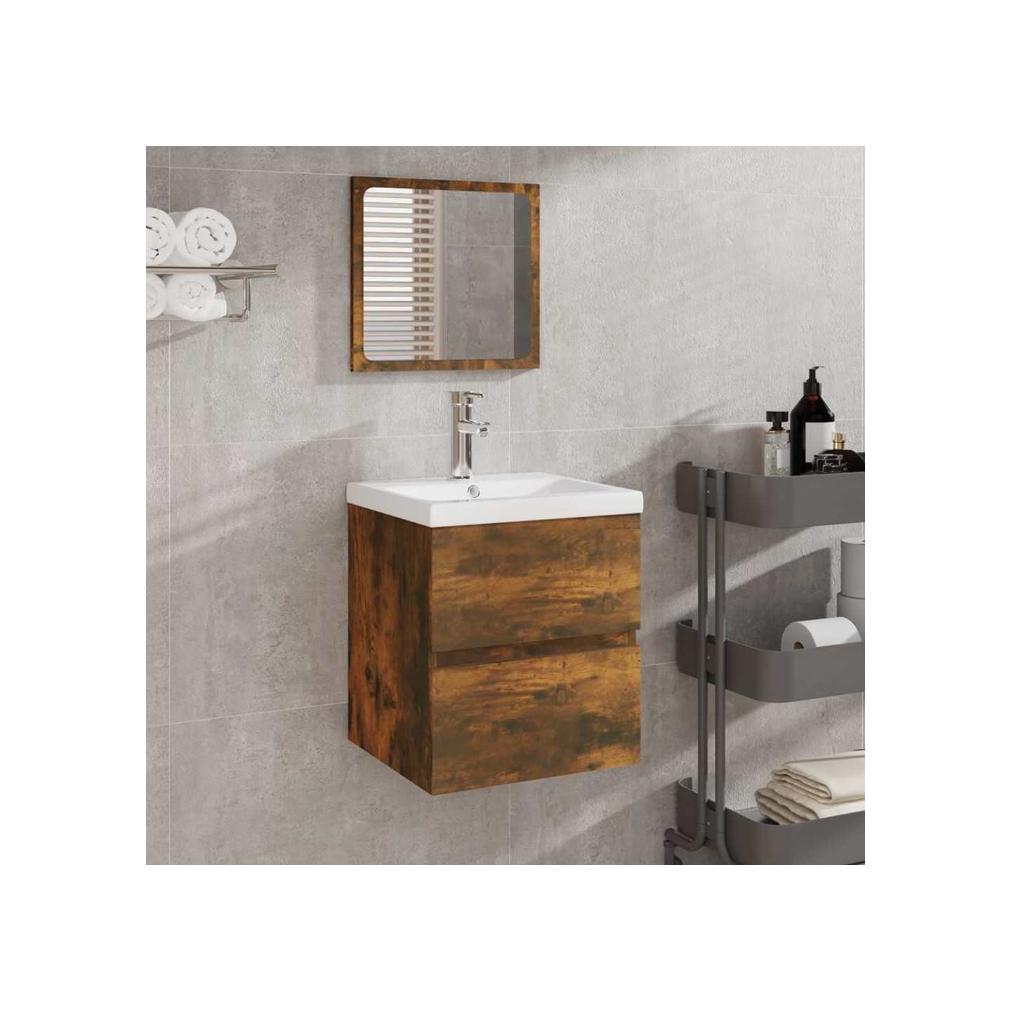 Armoire lavabo de salle de bain et bassin et miroir Chêne fumé