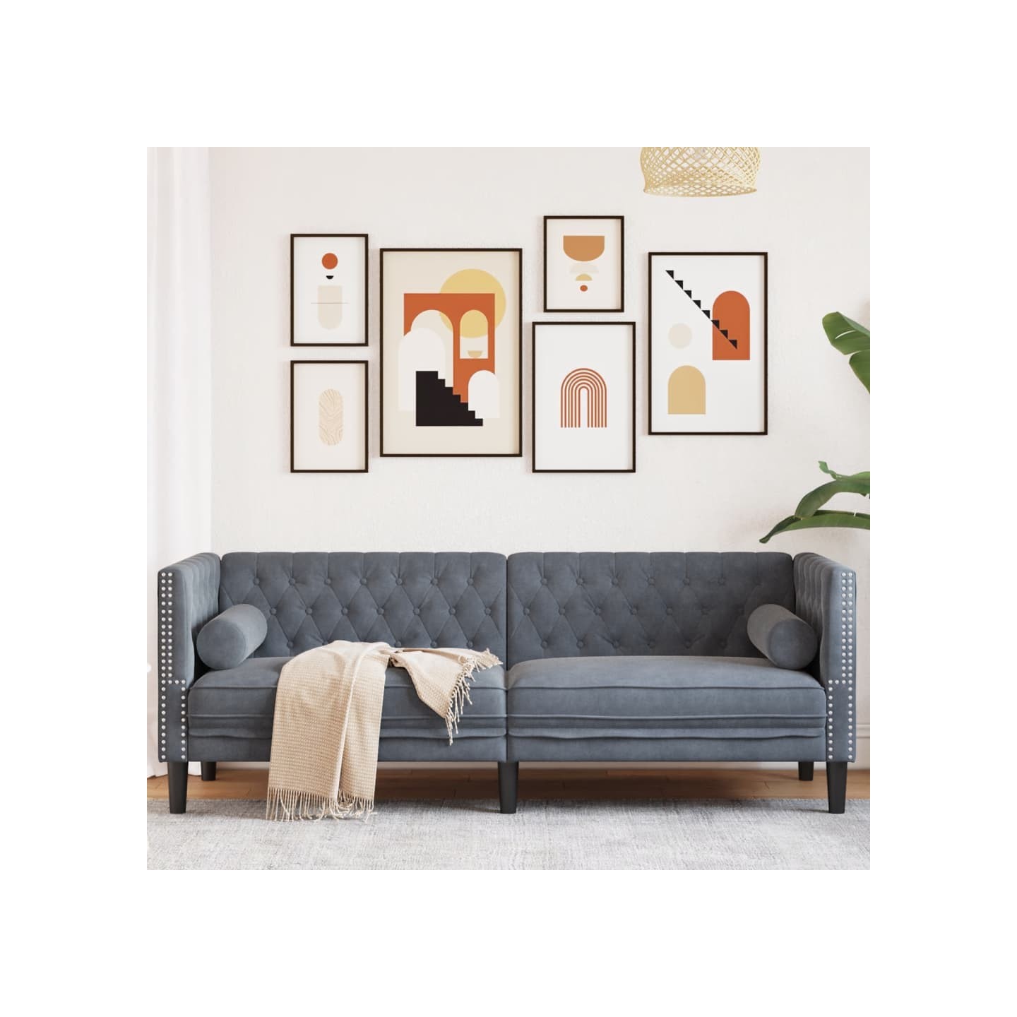 Canapé Chesterfield avec traversins 3 places gris foncé velours