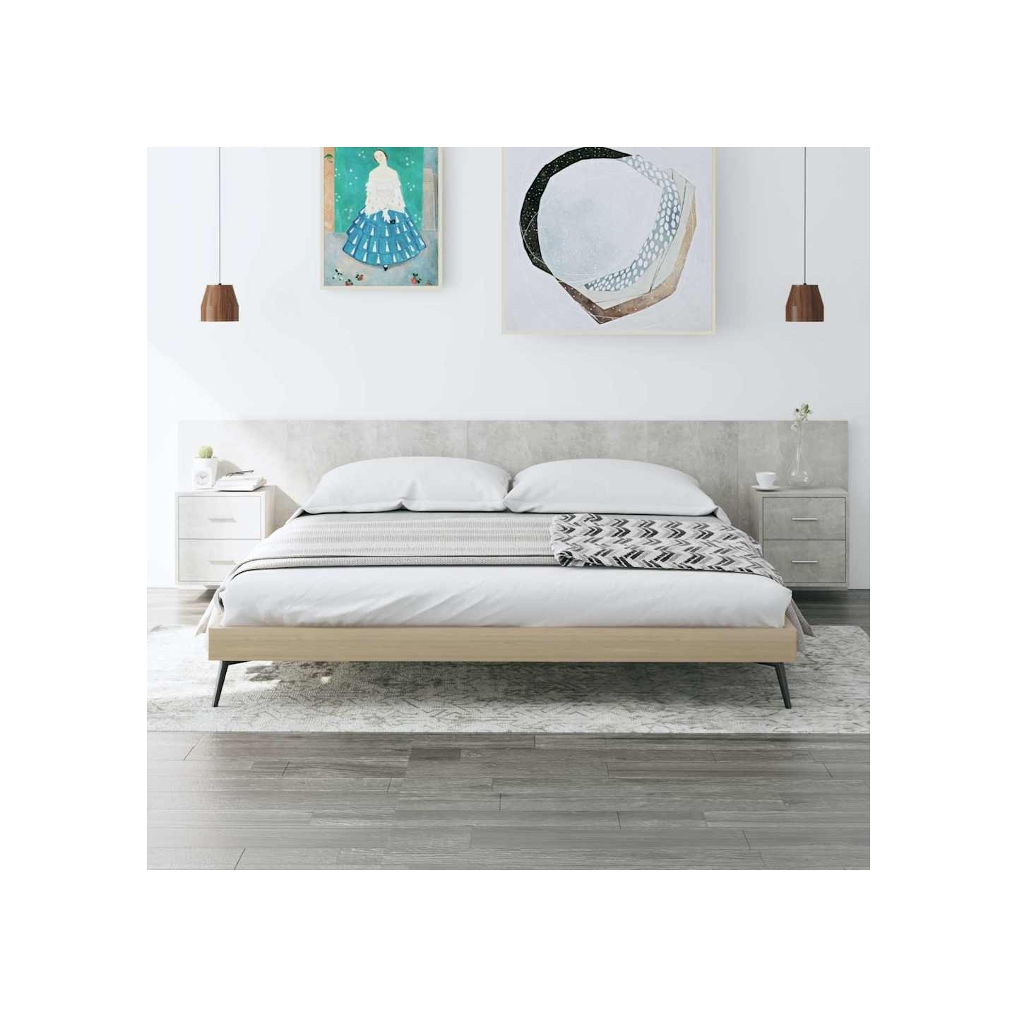 Tête de lit avec armoires Gris béton Bois d'ingénierie
