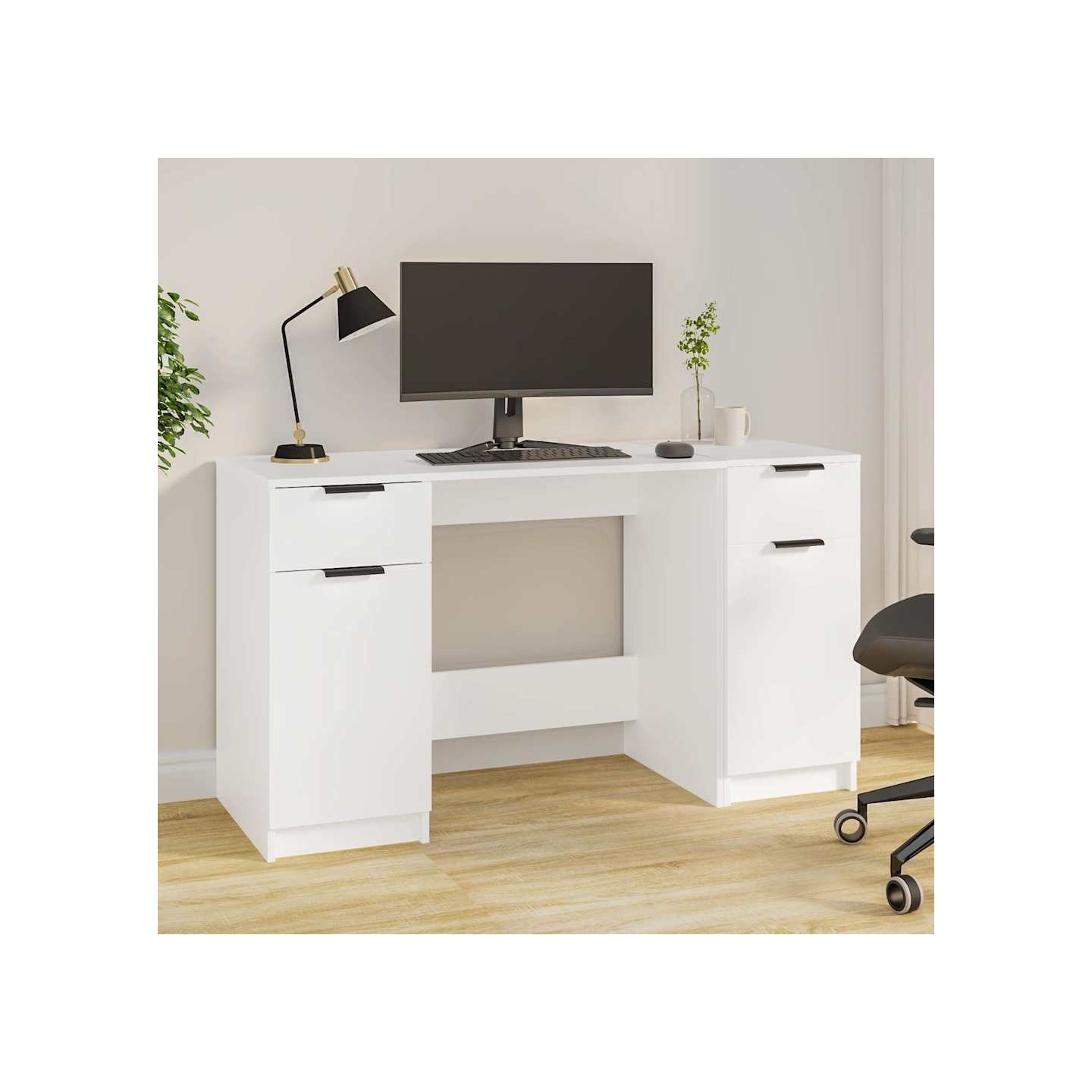 Bureau avec armoire latérale Blanc Bois d'ingénierie