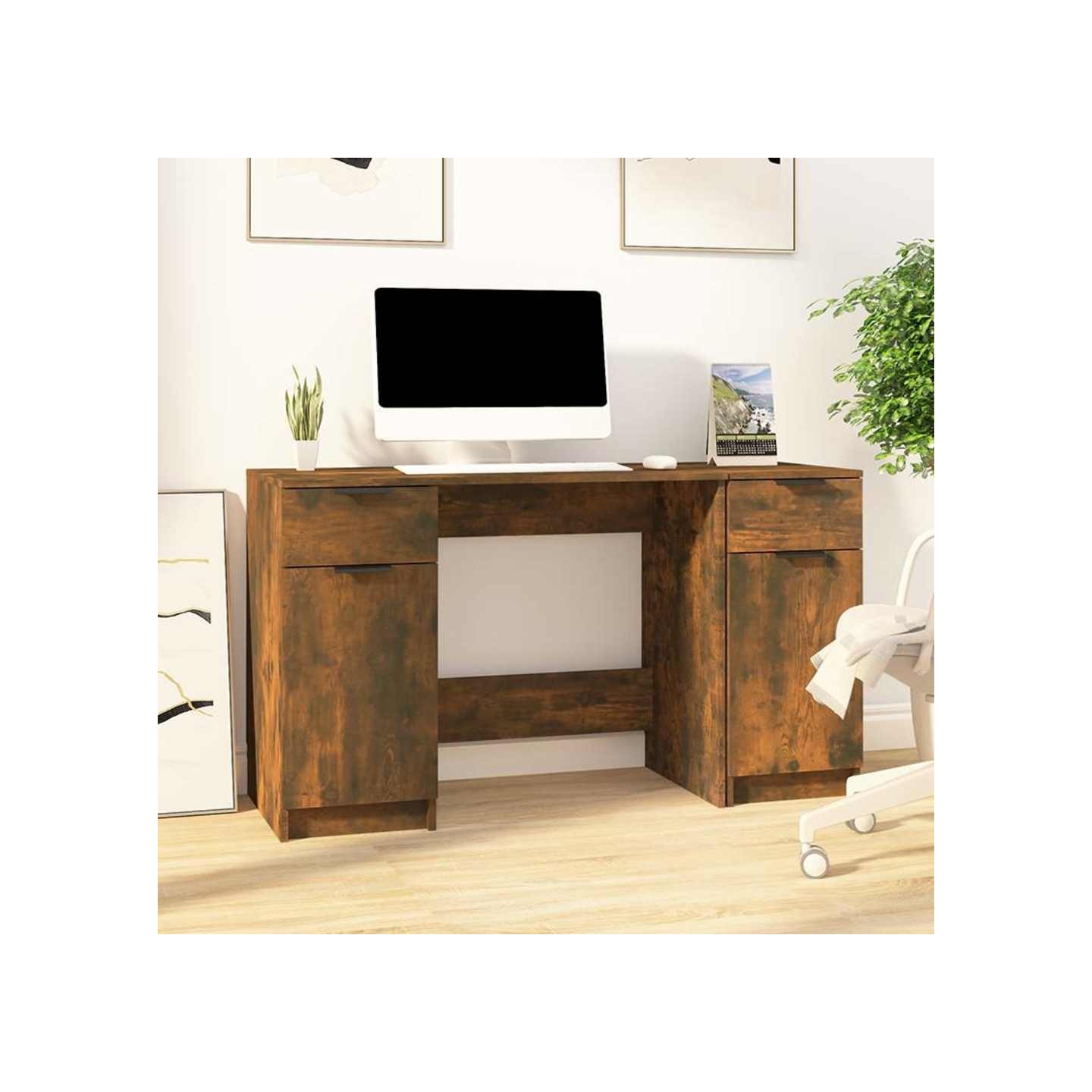 Bureau avec armoire latérale Chêne fumé Bois d'ingénierie