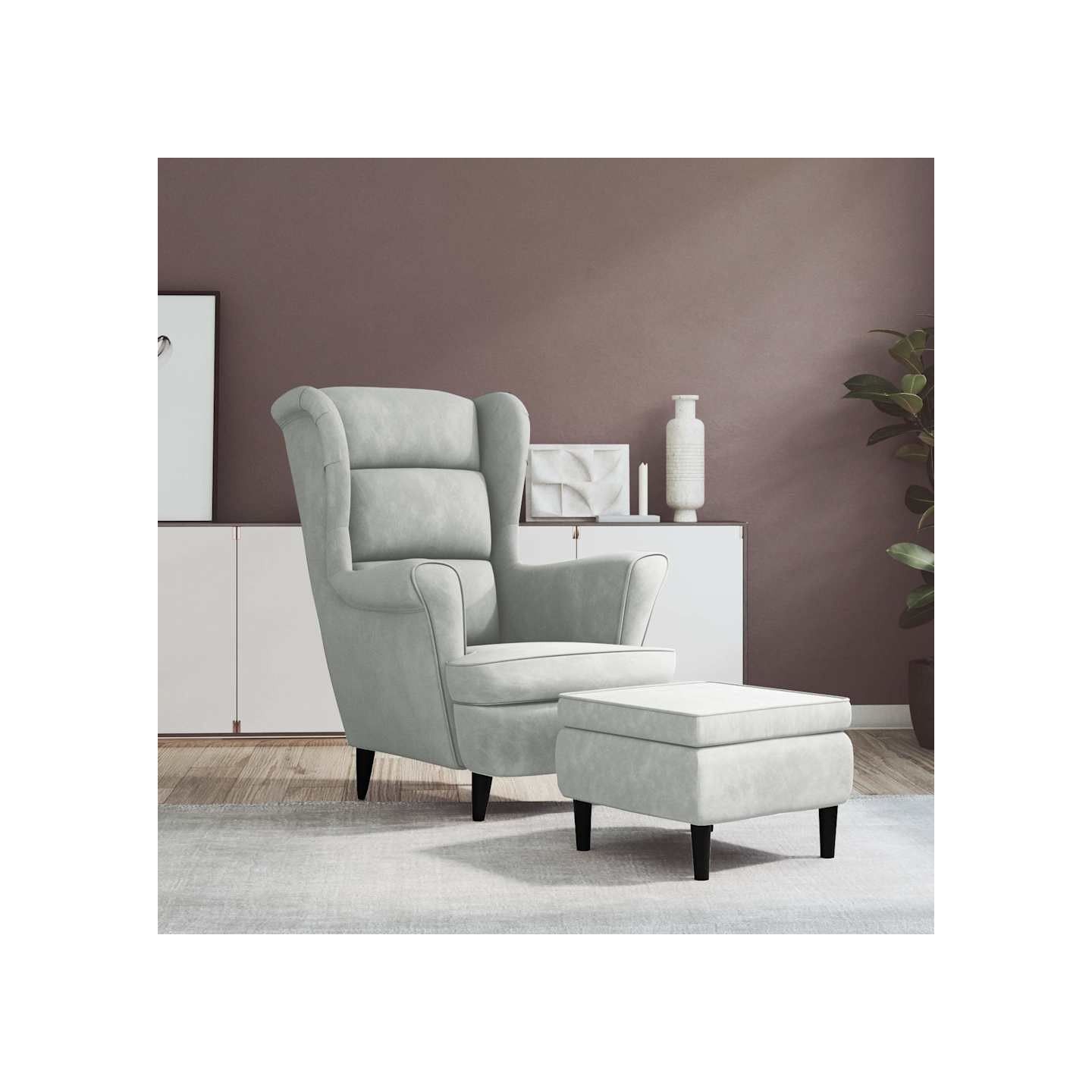 Fauteuil à oreilles avec tabouret gris clair velours