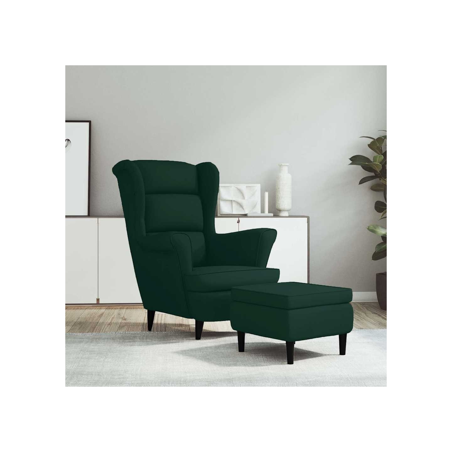 Fauteuil à oreilles avec tabouret vert foncé velours