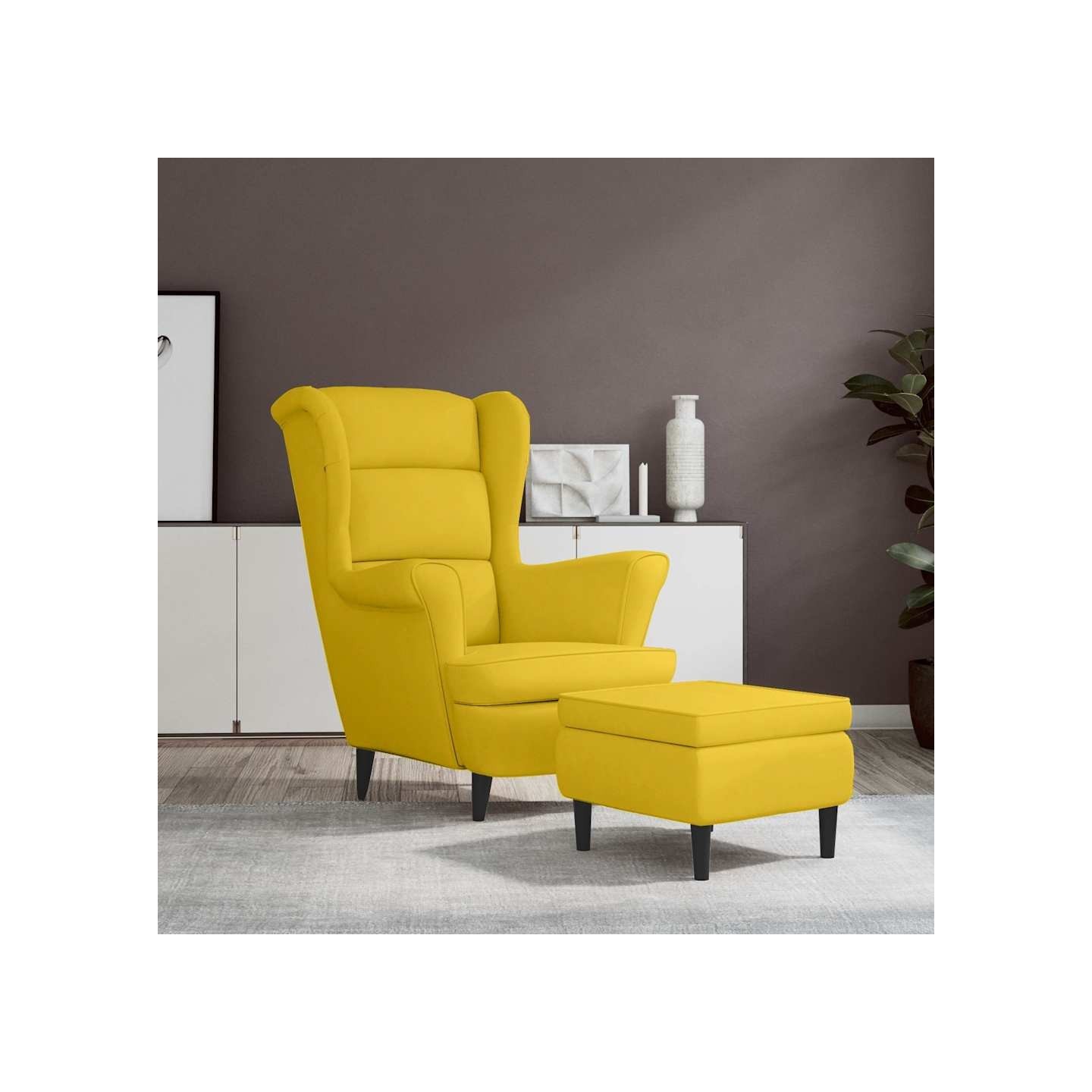 Fauteuil à oreilles avec tabouret jaune moutarde velours
