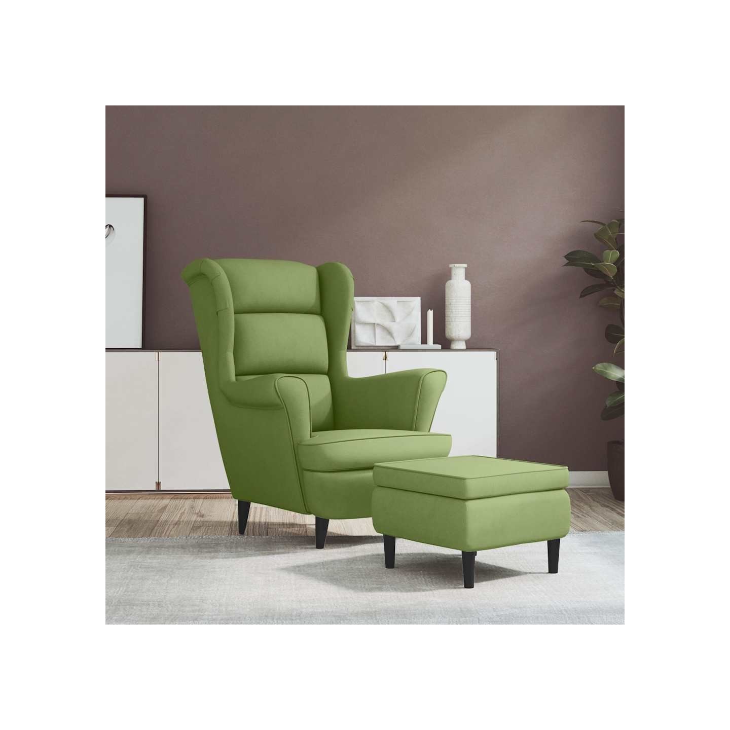 Fauteuil à oreilles avec tabouret vert clair velours