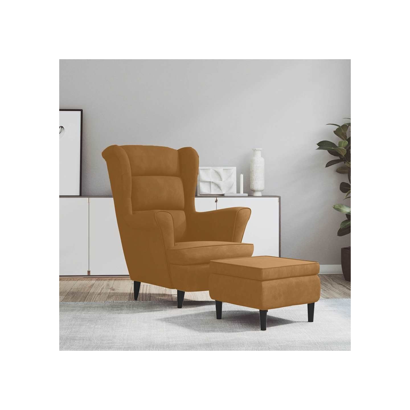 Fauteuil à oreilles avec tabouret marron velours
