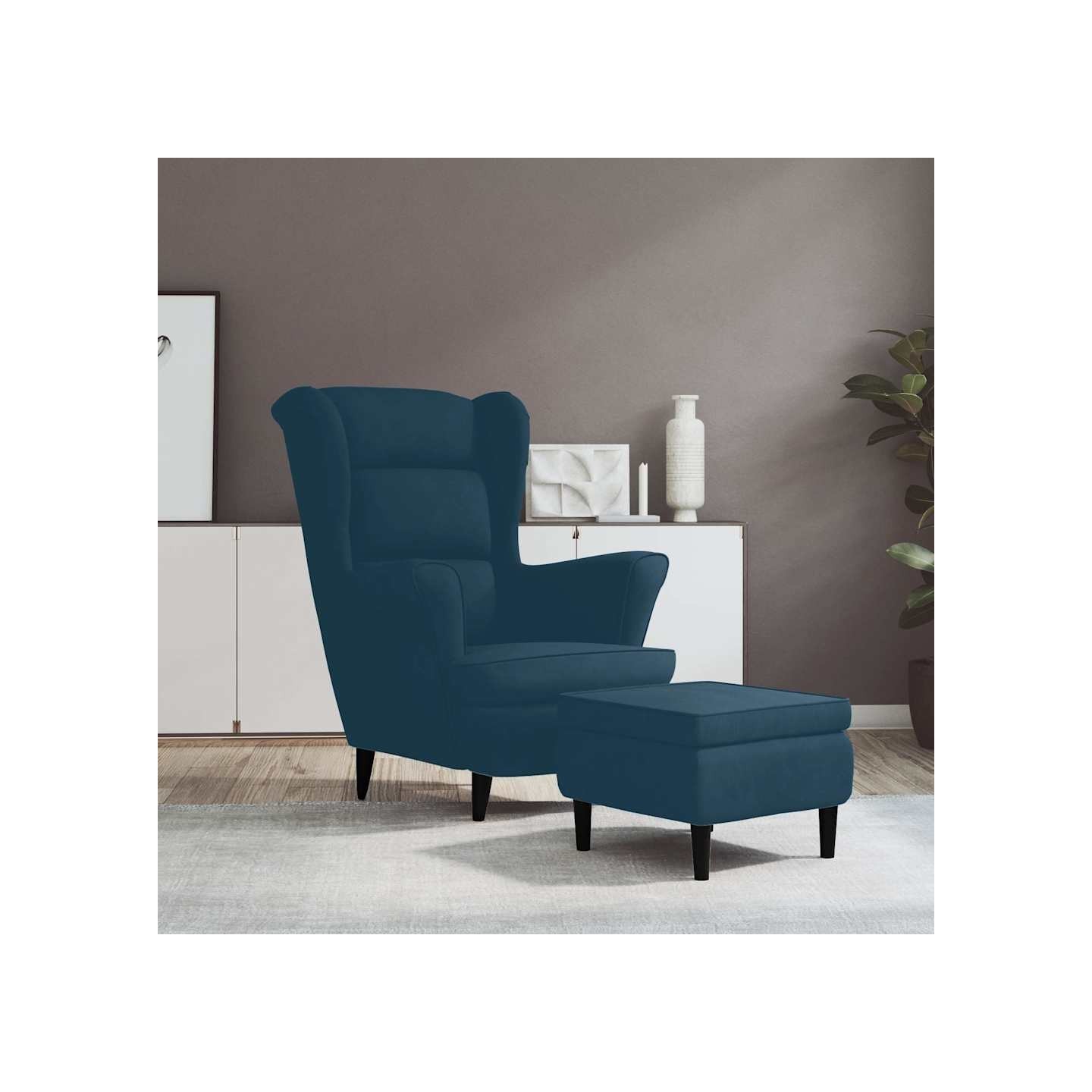 Fauteuil à oreilles avec tabouret bleu velours