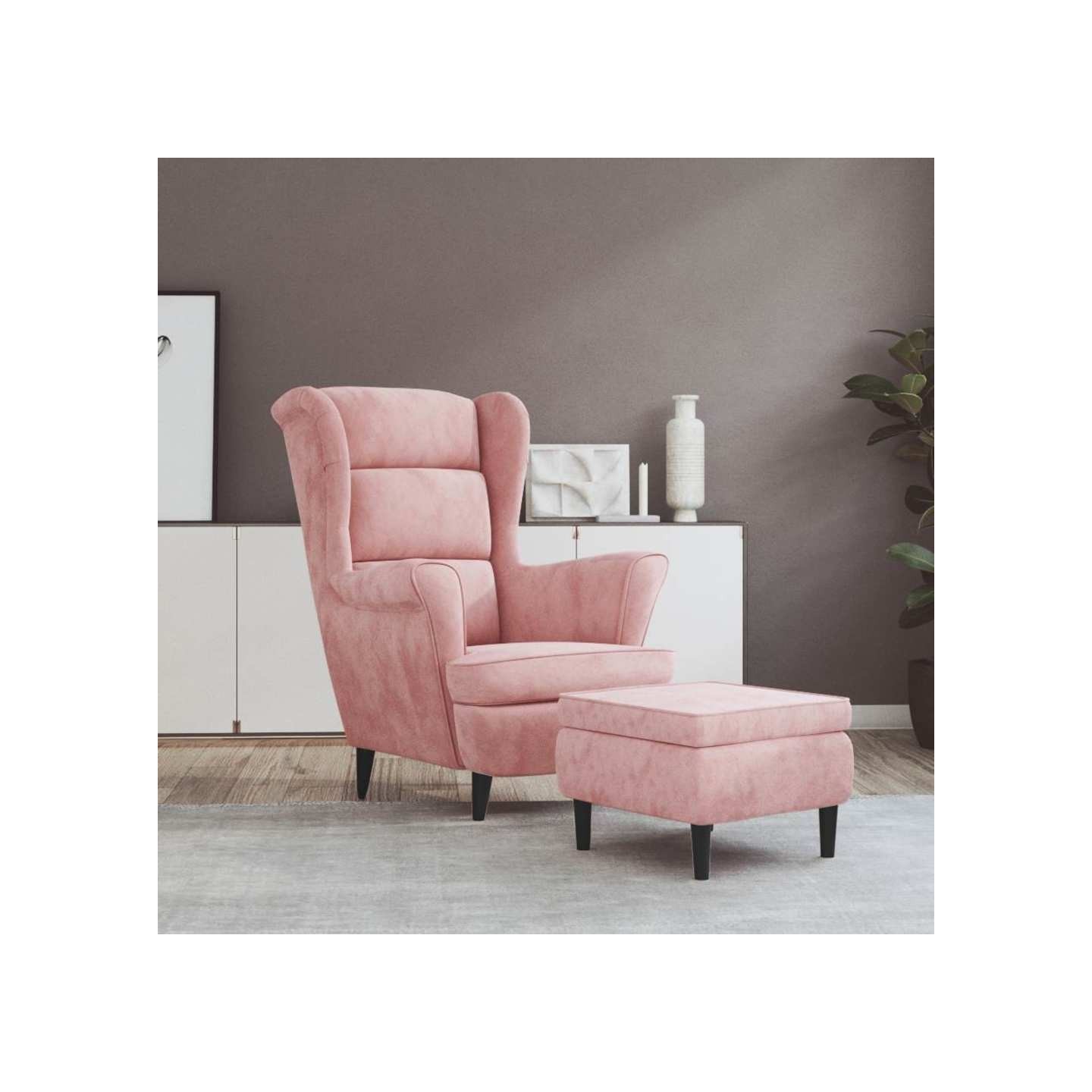 Fauteuil à oreilles avec tabouret rose velours