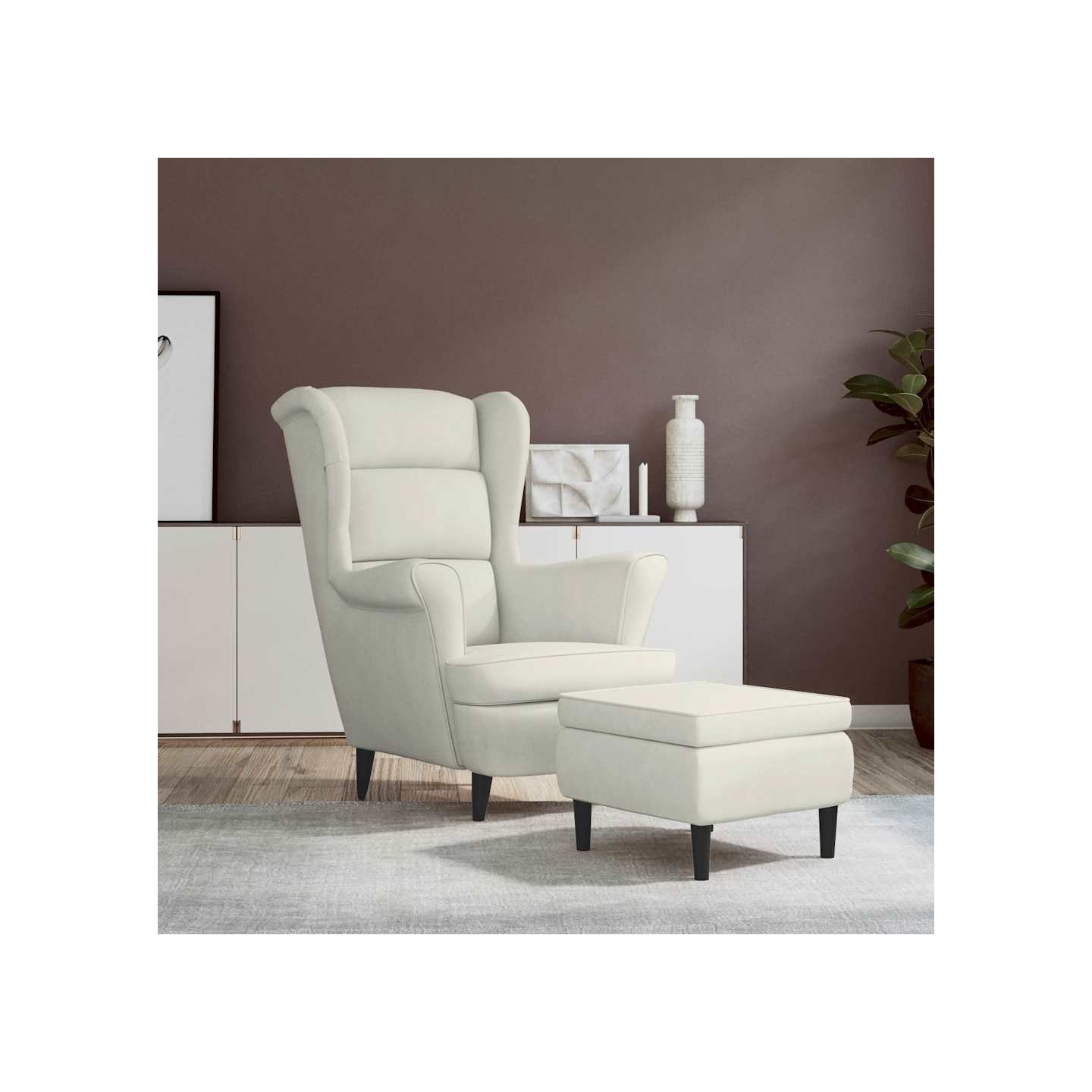 Fauteuil à oreilles avec tabouret crème velours