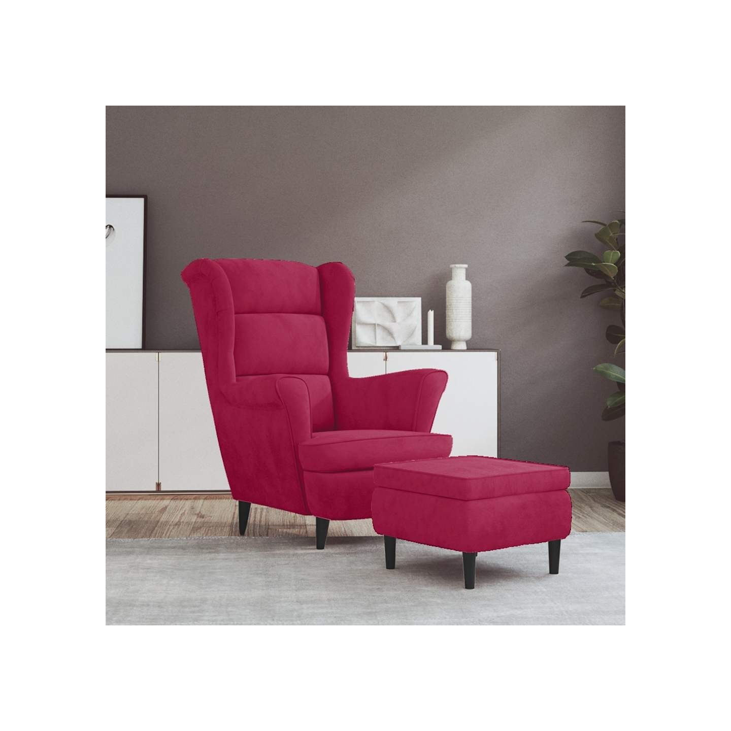 Fauteuil à oreilles avec tabouret bordeaux velours