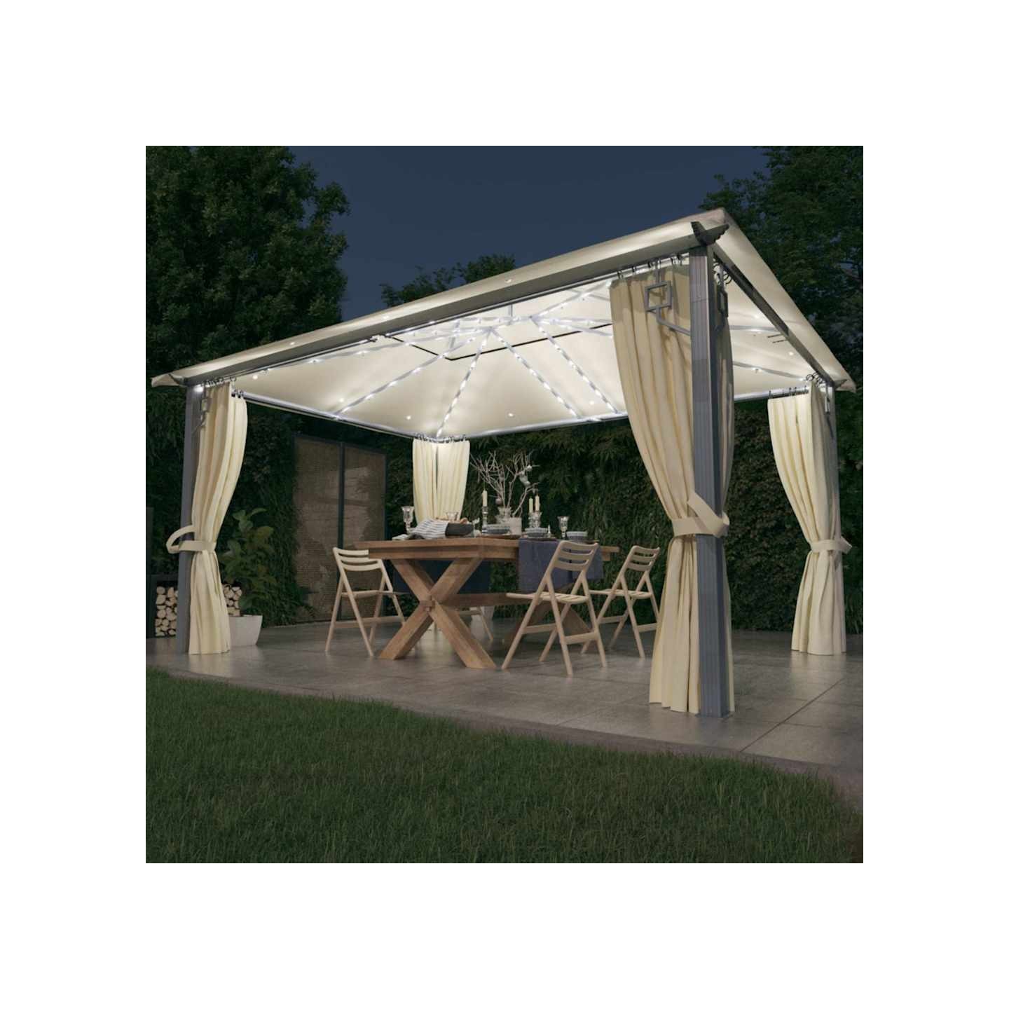 Tonnelle avec rideau et lumières LED 4x3 m Crème Aluminium