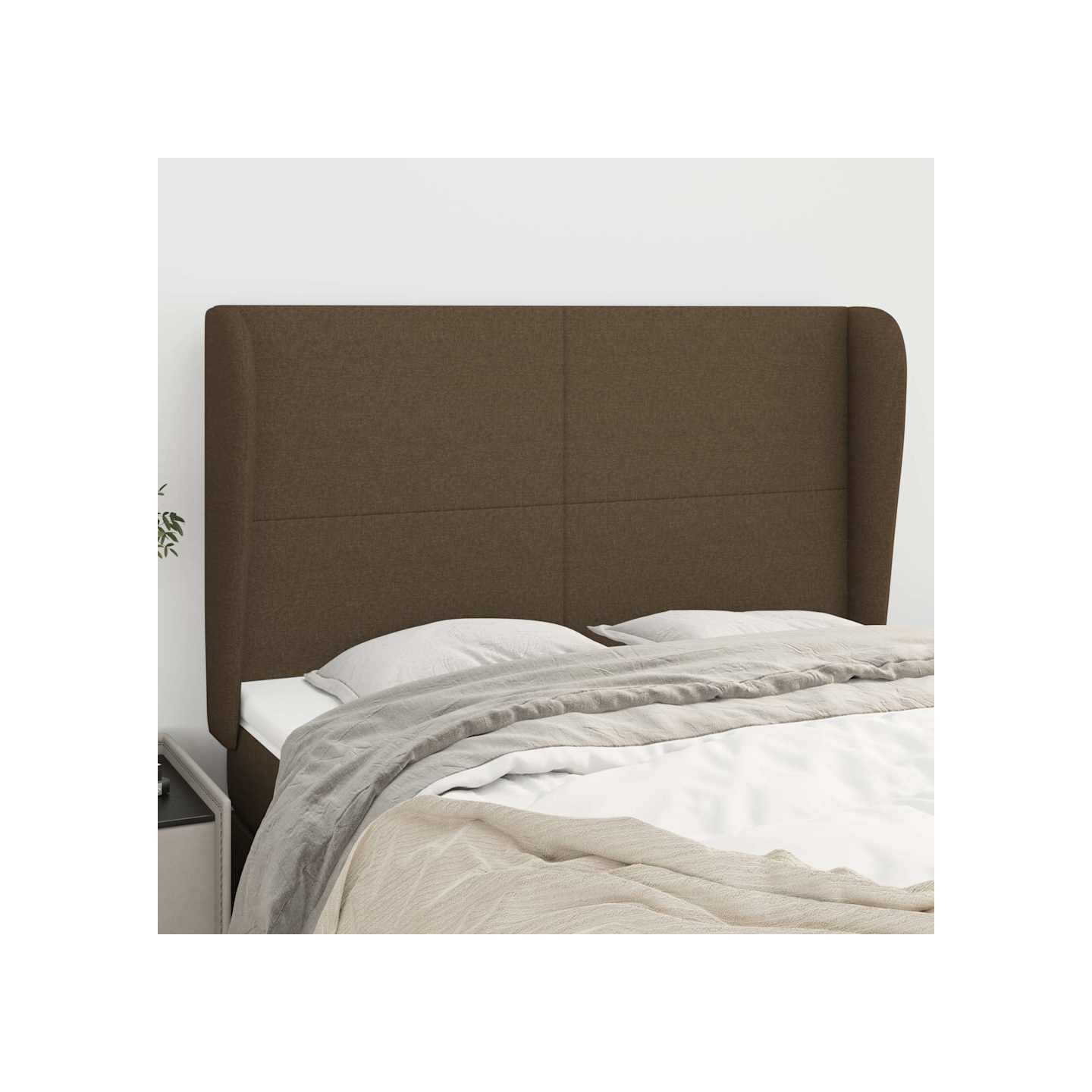 Tête de lit avec oreilles Marron foncé 147x23x118/128 cm Tissu