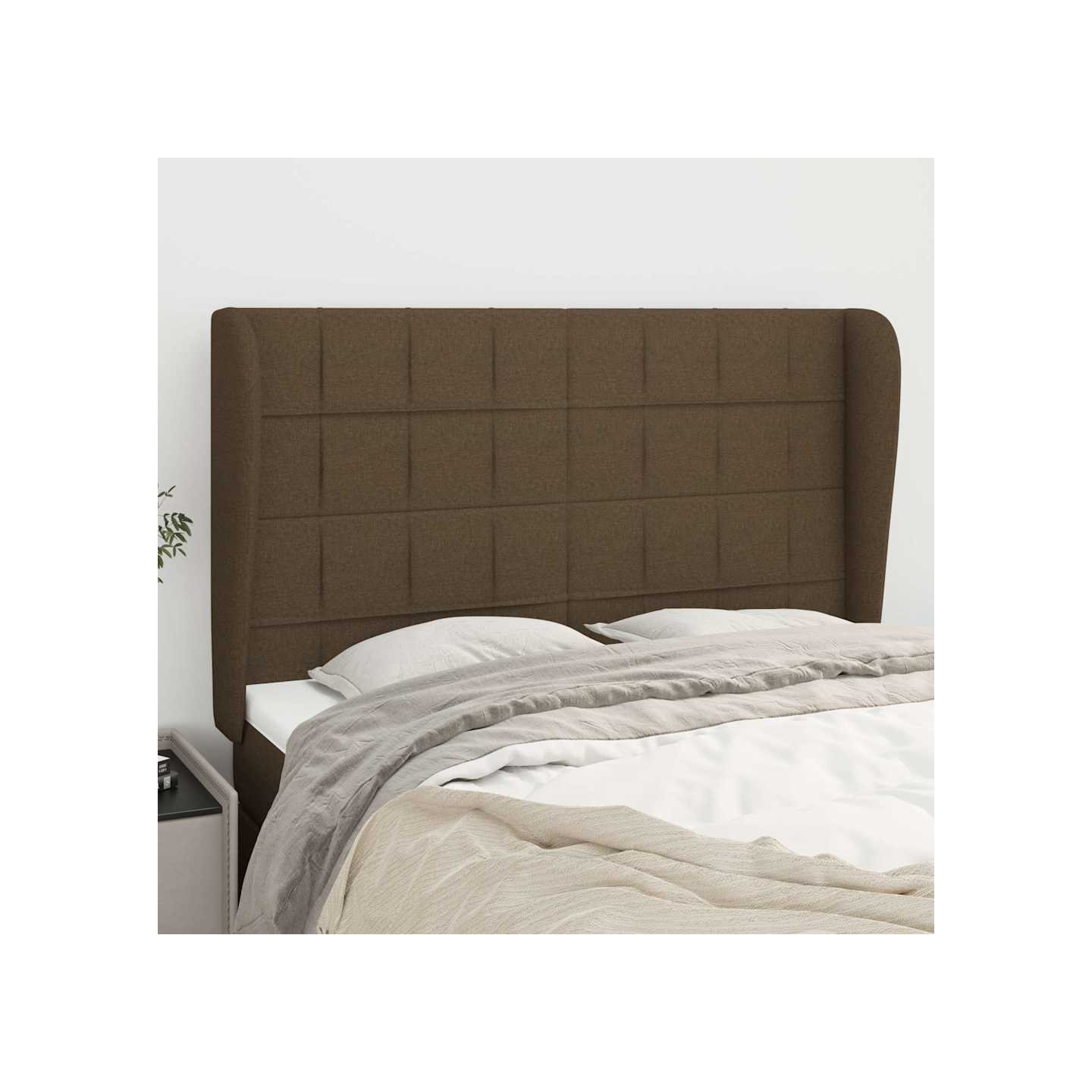 Tête de lit avec oreilles Marron foncé 147x23x118/128 cm Tissu