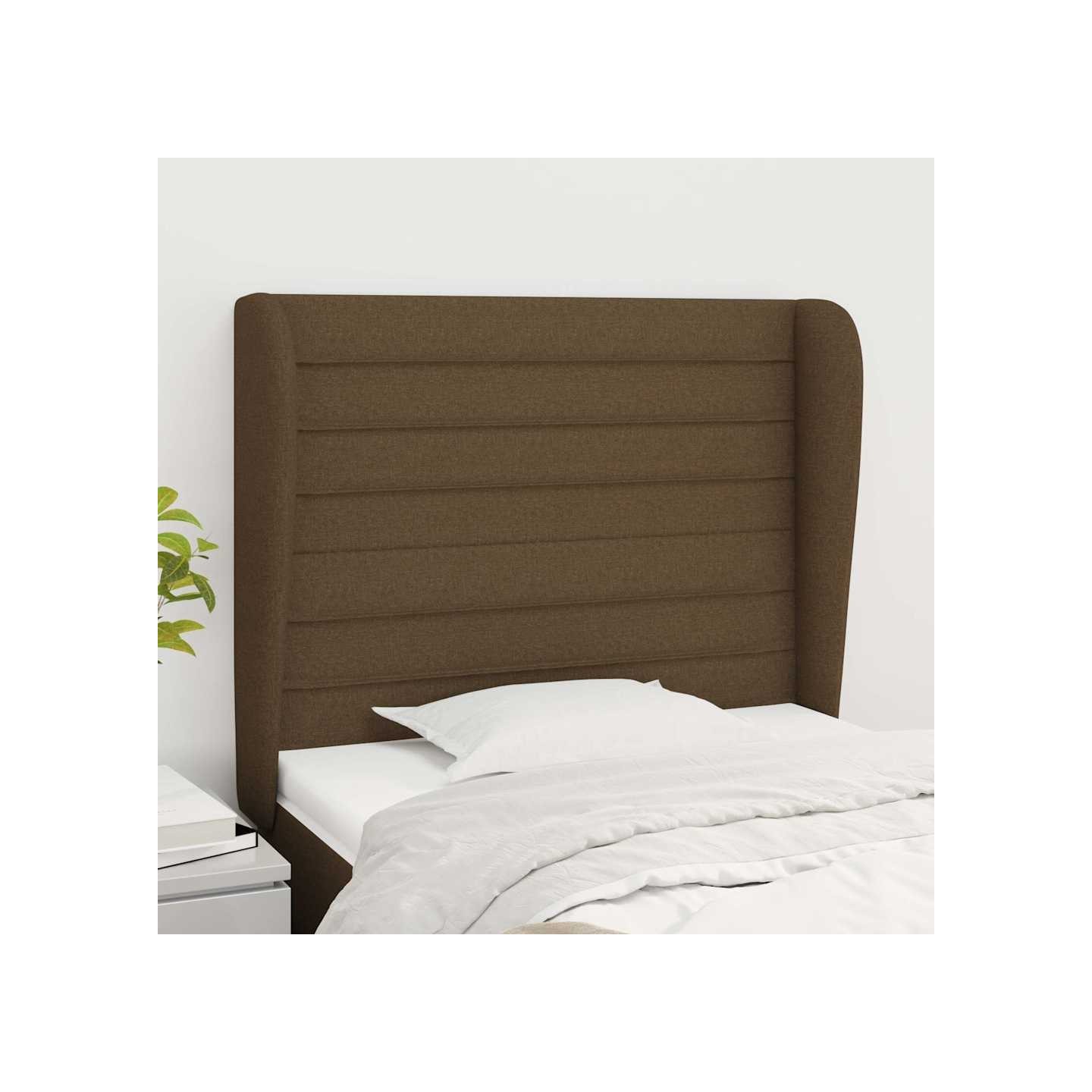 Tête de lit avec oreilles Marron foncé 103x23x118/128 cm Tissu
