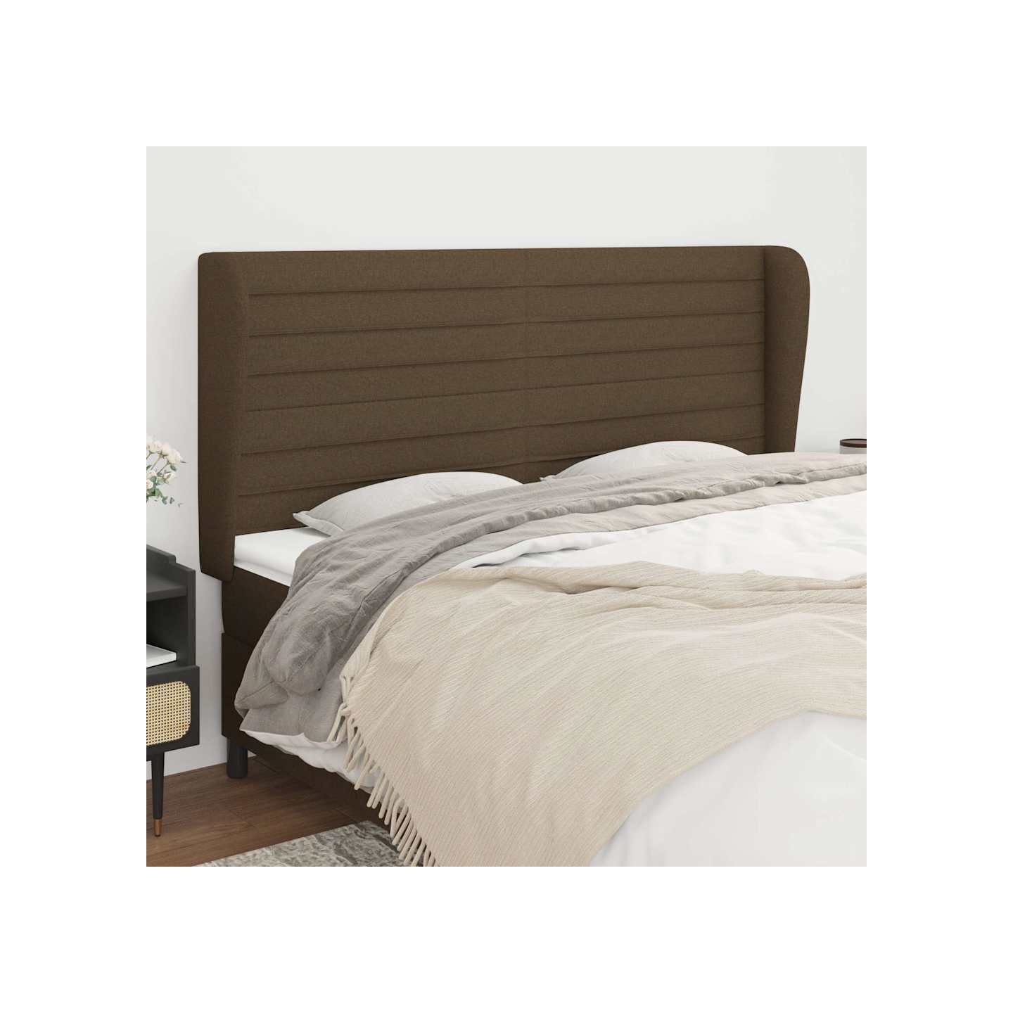 Tête de lit avec oreilles Marron foncé 183x23x118/128 cm Tissu