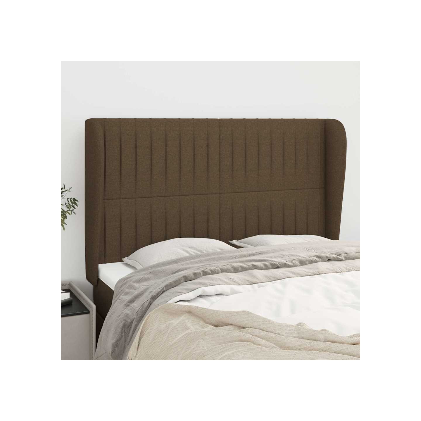 Tête de lit avec oreilles Marron foncé 147x23x118/128 cm Tissu