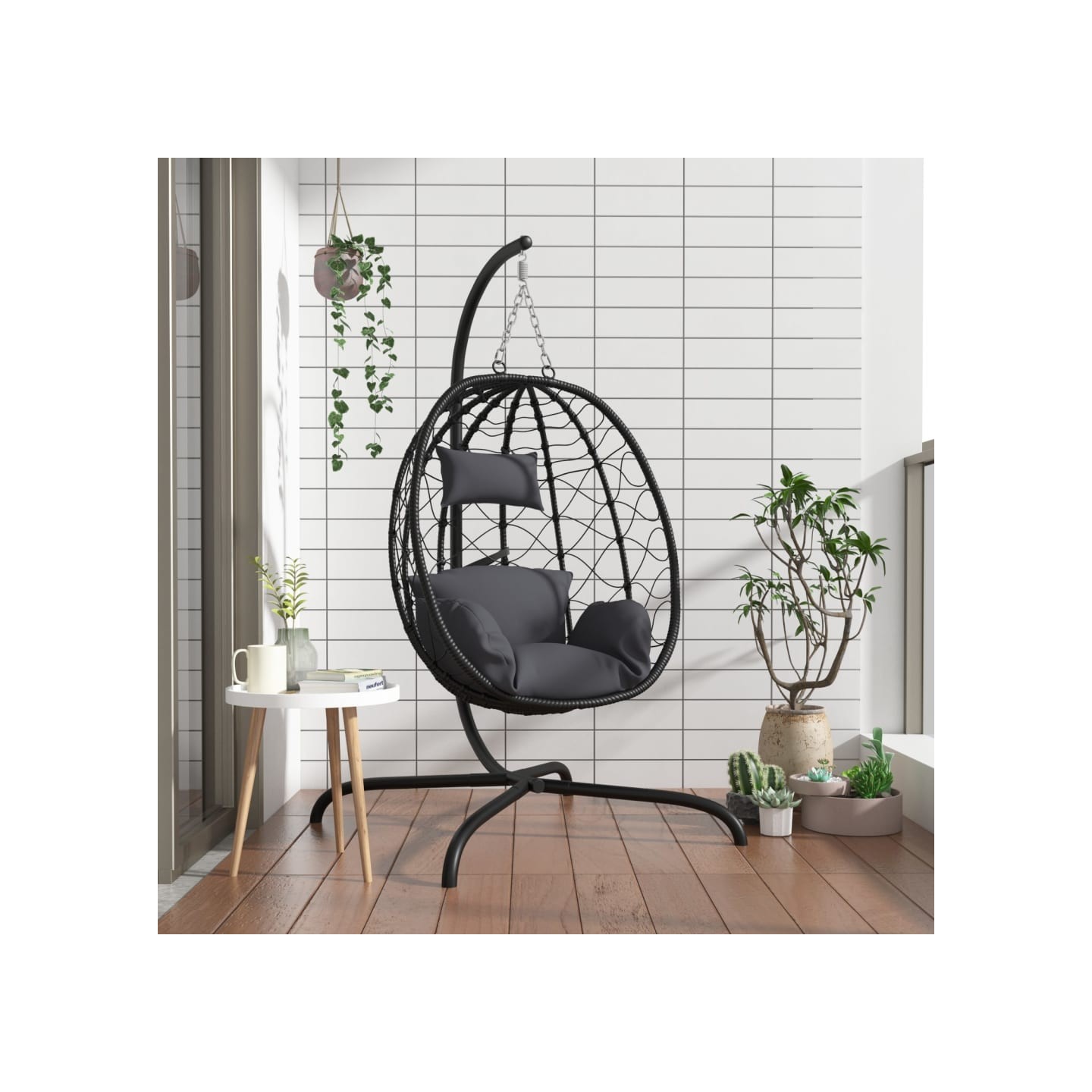 Fauteuil suspendu avec coussin en polyrotin et acier anthracite