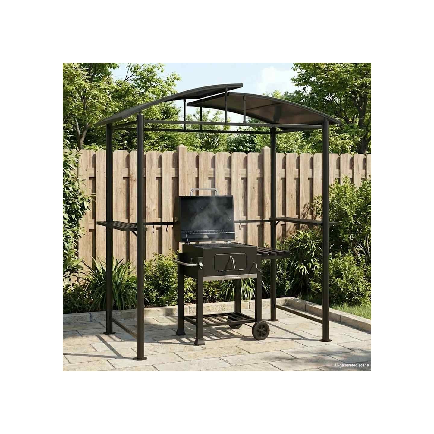 Gazebo BBQ et étagères latérales anthracite 210x114x230cm acier