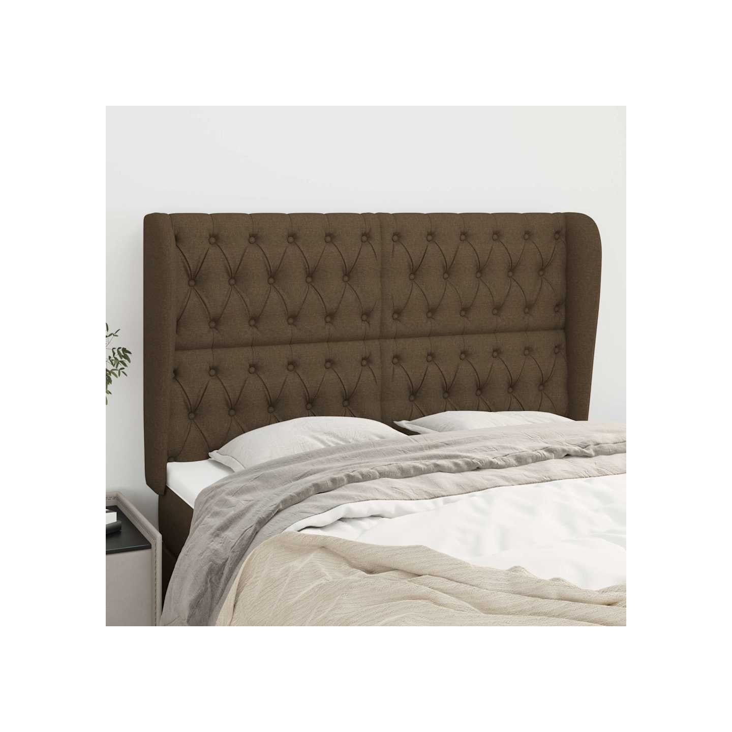 Tête de lit avec oreilles Marron foncé 147x23x118/128 cm Tissu