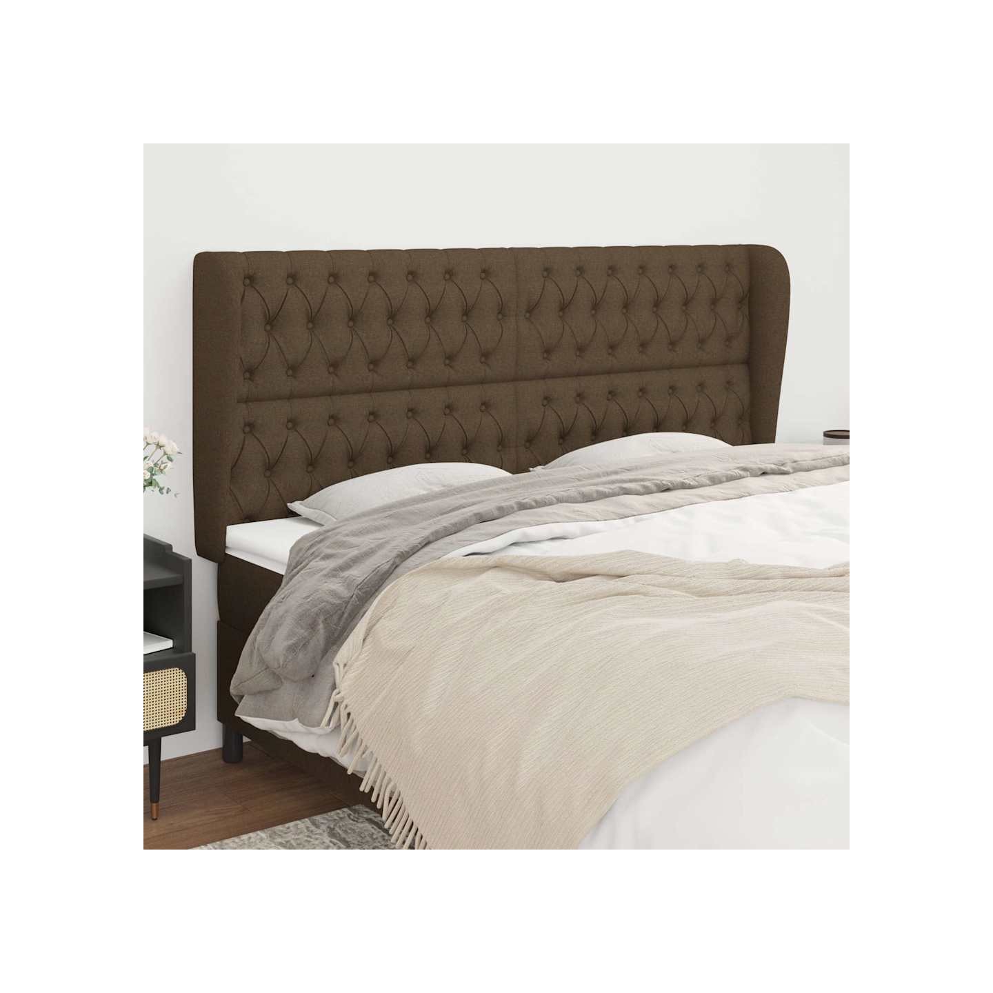 Tête de lit avec oreilles Marron foncé 203x23x118/128 cm Tissu