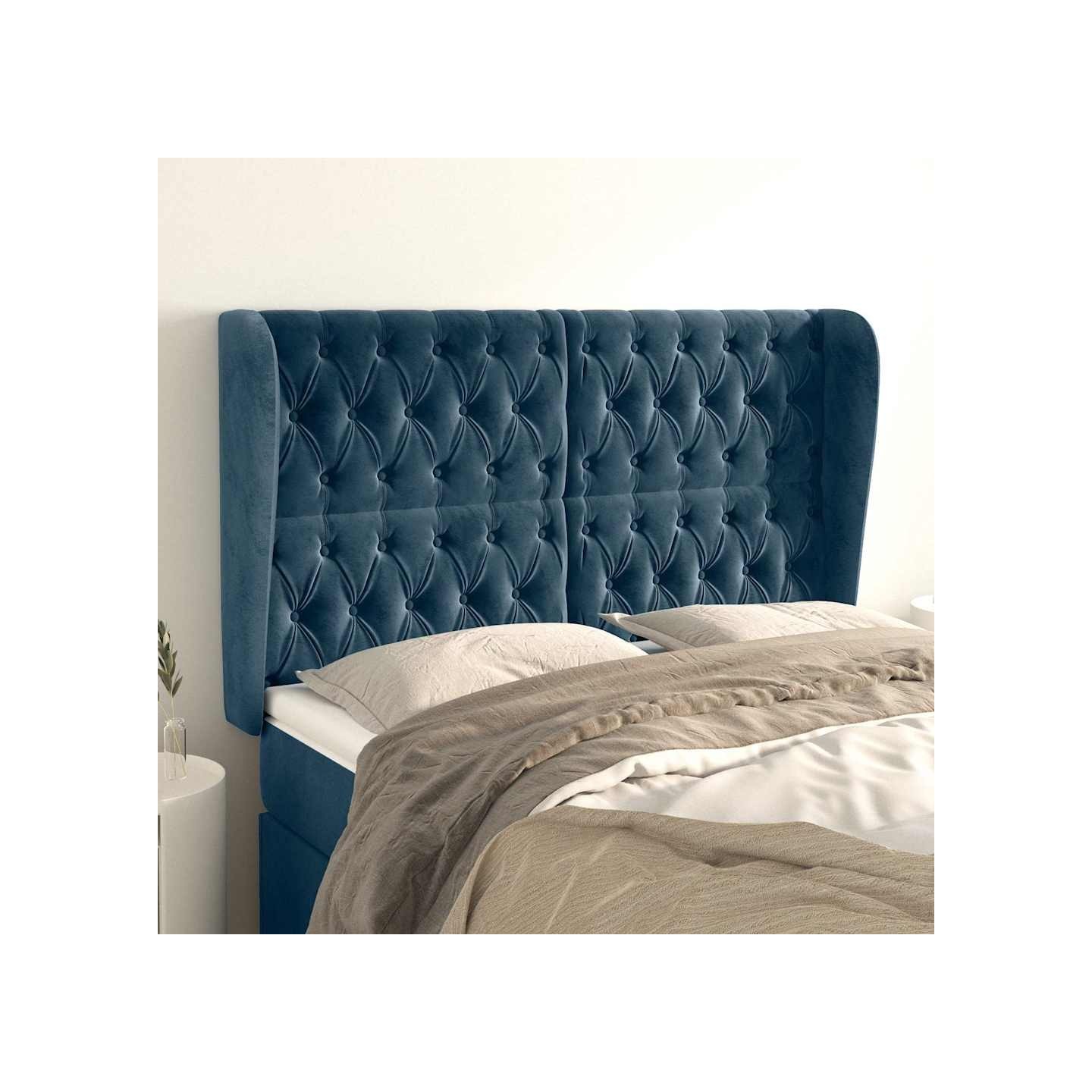 Tête de lit avec oreilles Bleu foncé 147x23x118/128 cm Velours