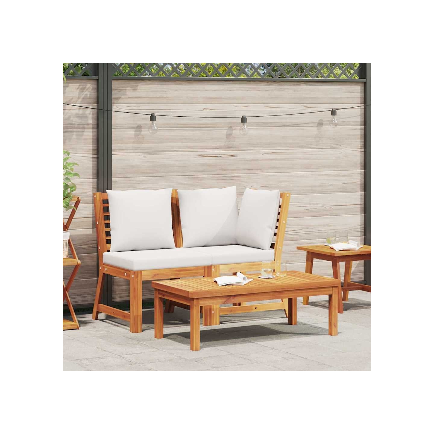 Salon de jardin 3 pcs avec coussin crème Bois d'acacia solide