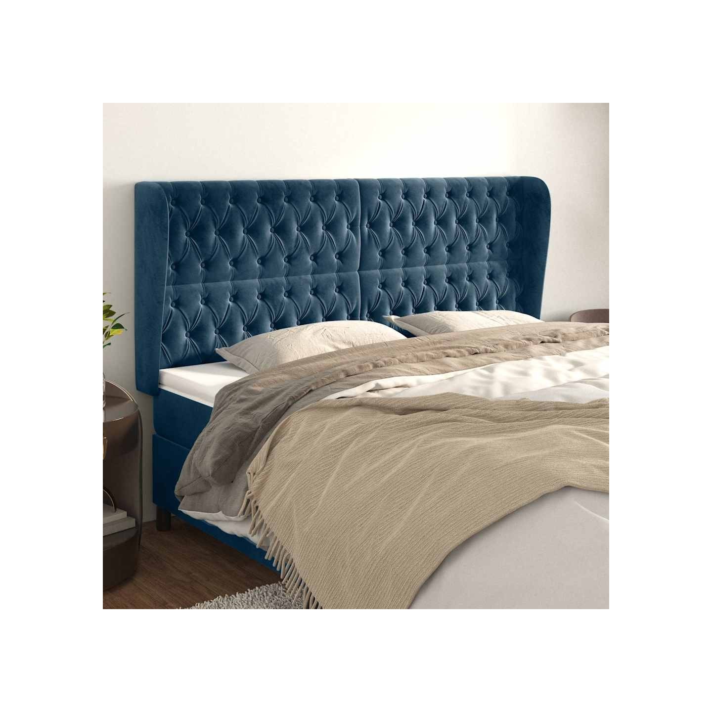 Tête de lit avec oreilles Bleu foncé 203x23x118/128 cm Velours