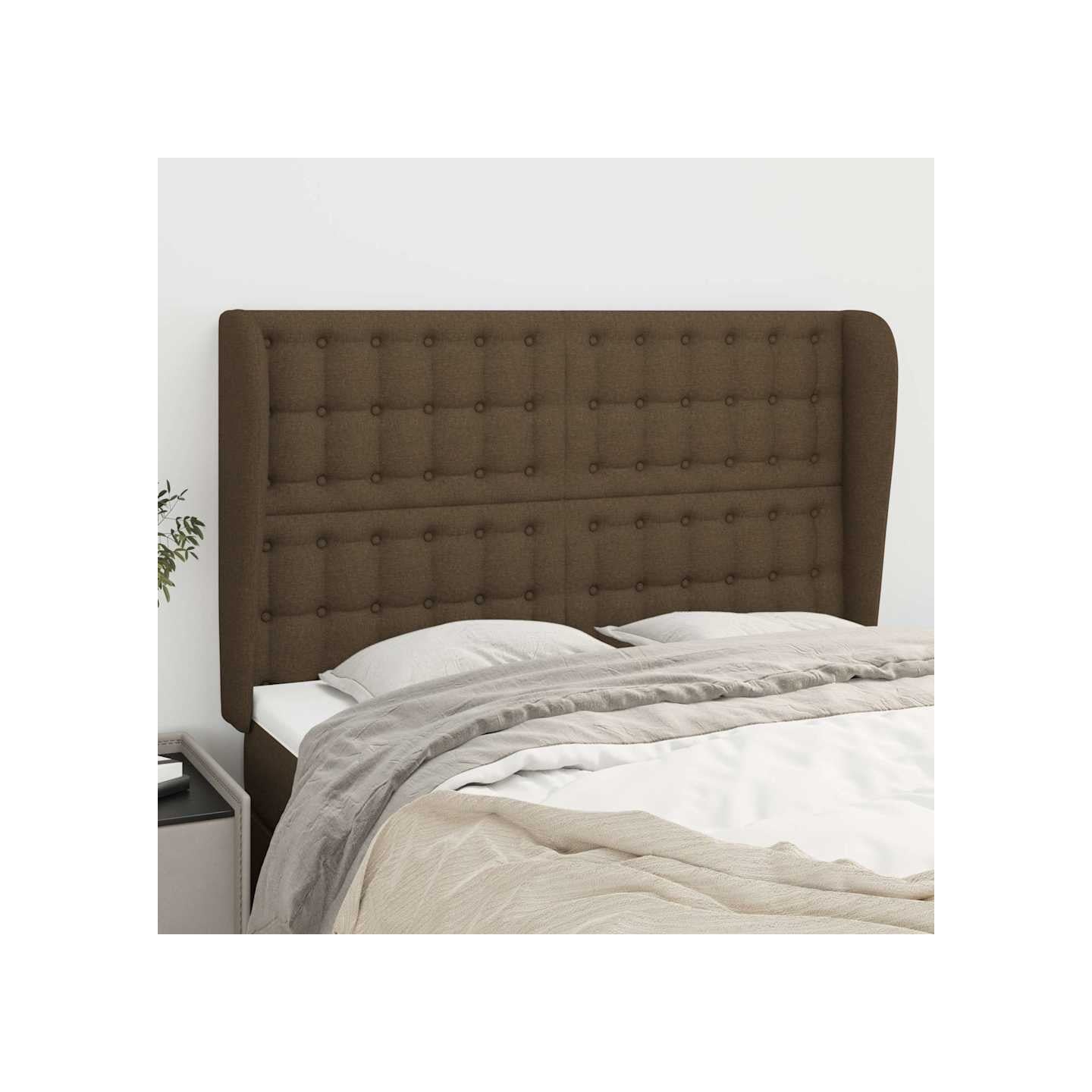 Tête de lit avec oreilles Marron foncé 147x23x118/128 cm Tissu