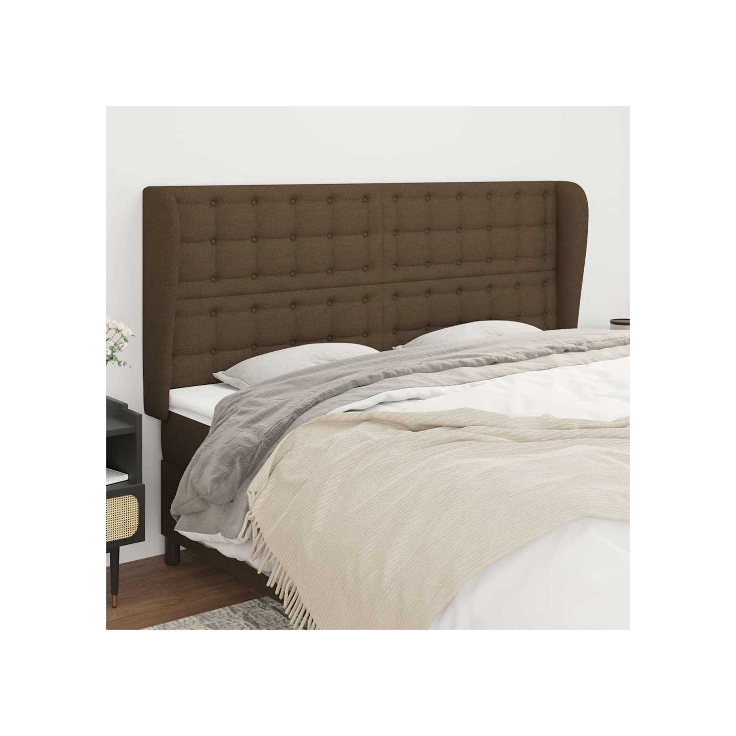 Tête de lit avec oreilles Marron foncé 163x23x118/128 cm Tissu