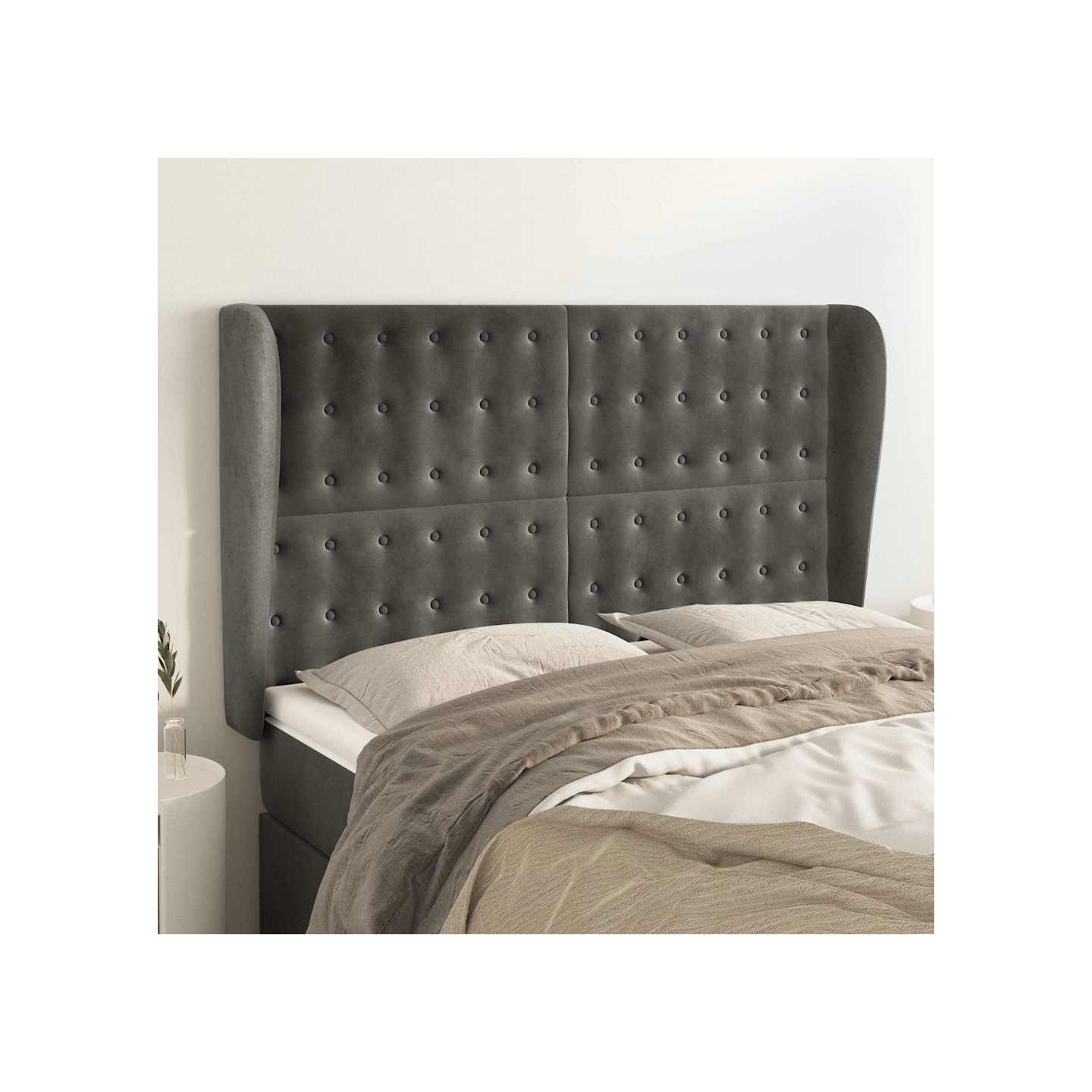 Tête de lit avec oreilles Gris foncé 147x23x118/128 cm Velours