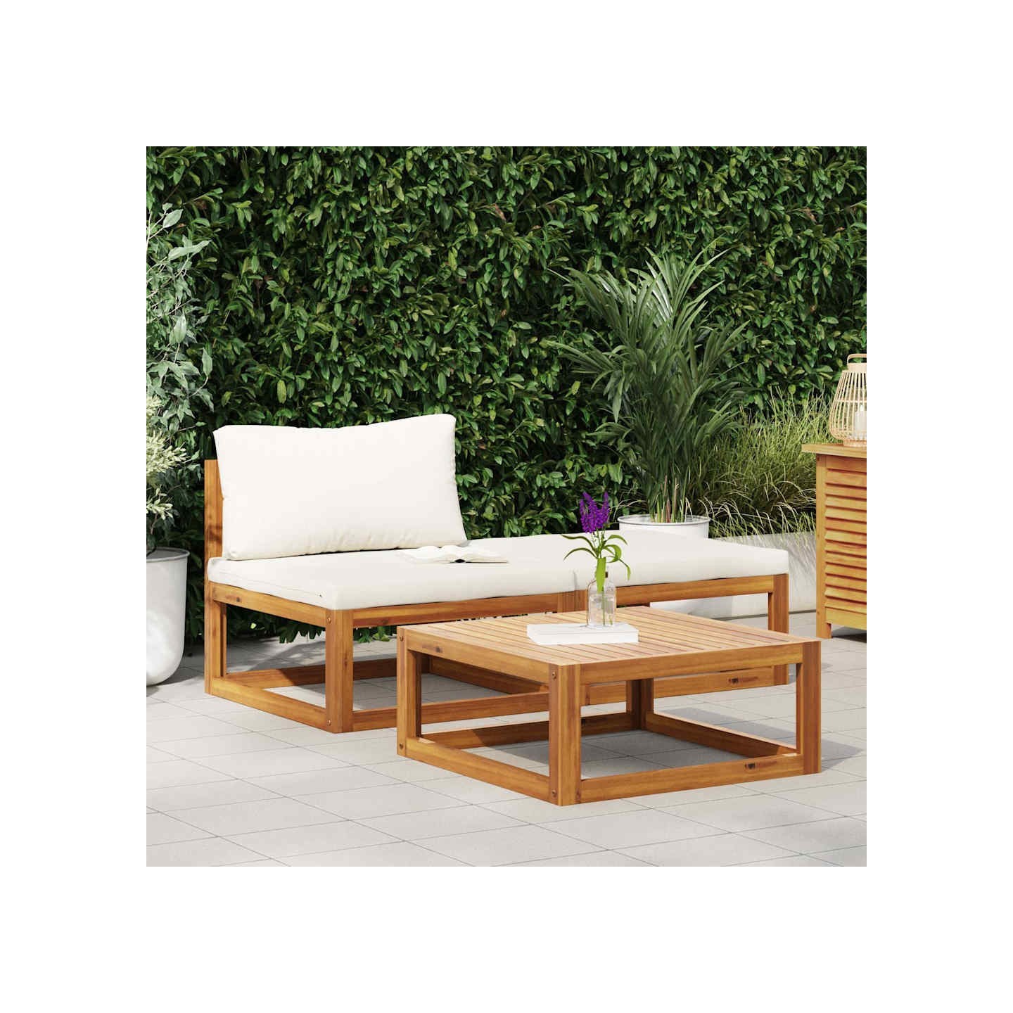 Salon de jardin 3 pcs avec coussins crème Bois d'acacia solide