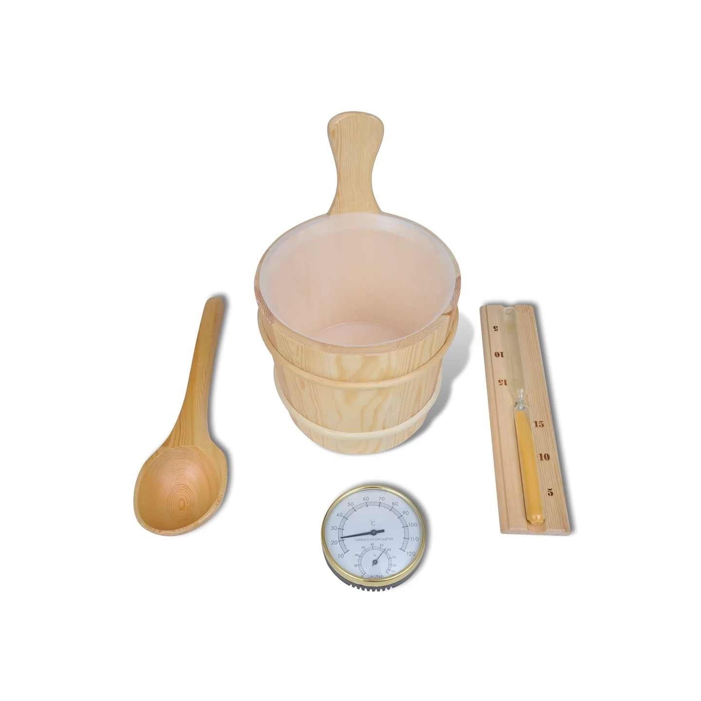 Accessoires sauna 5 pcs Seau Cuillère Sablier Thermo-hygromètre
