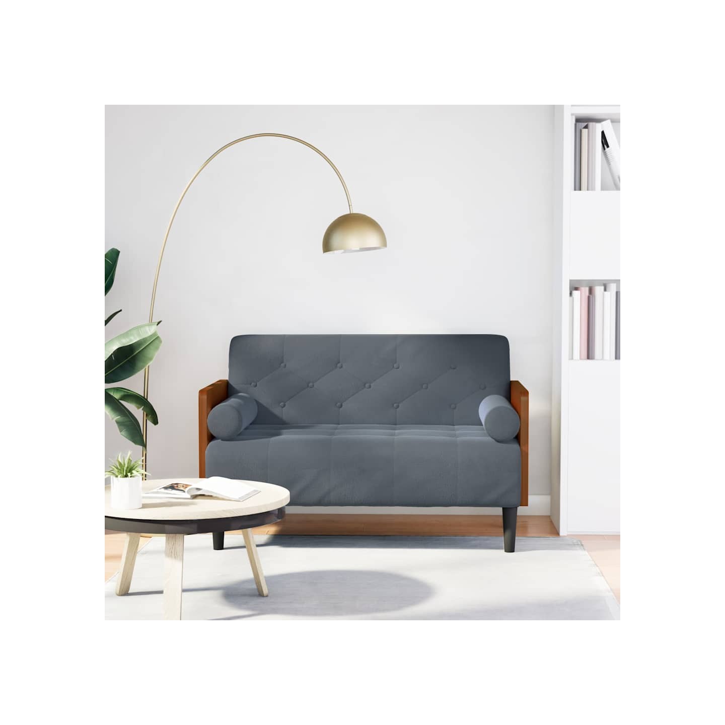 Canapé deux places avec coussins cylindriques gris foncé 110 cm velours