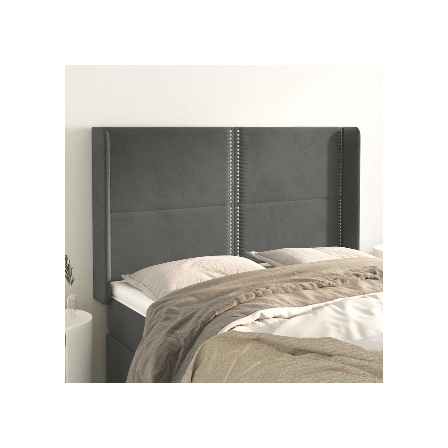 Tête de lit avec oreilles Gris foncé 147x16x118/128 cm Velours