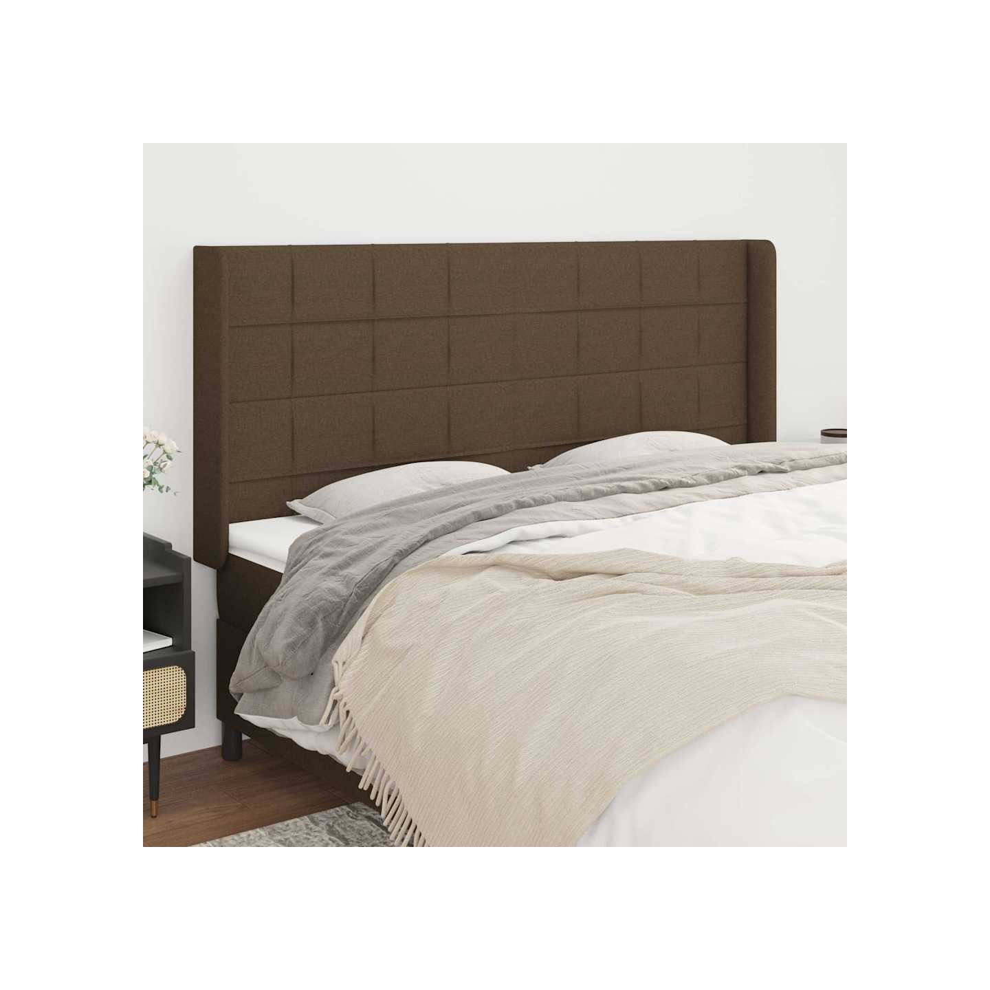 Tête de lit avec oreilles Marron foncé 163x16x118/128 cm Tissu