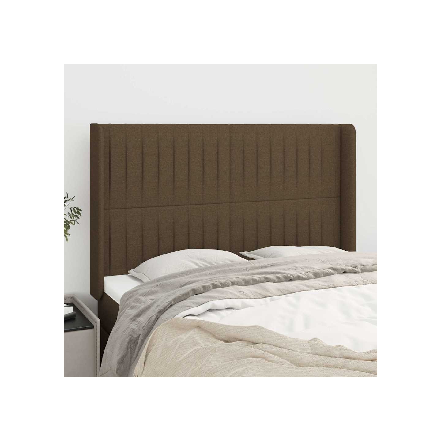Tête de lit avec oreilles Marron foncé 147x16x118/128 cm Tissu