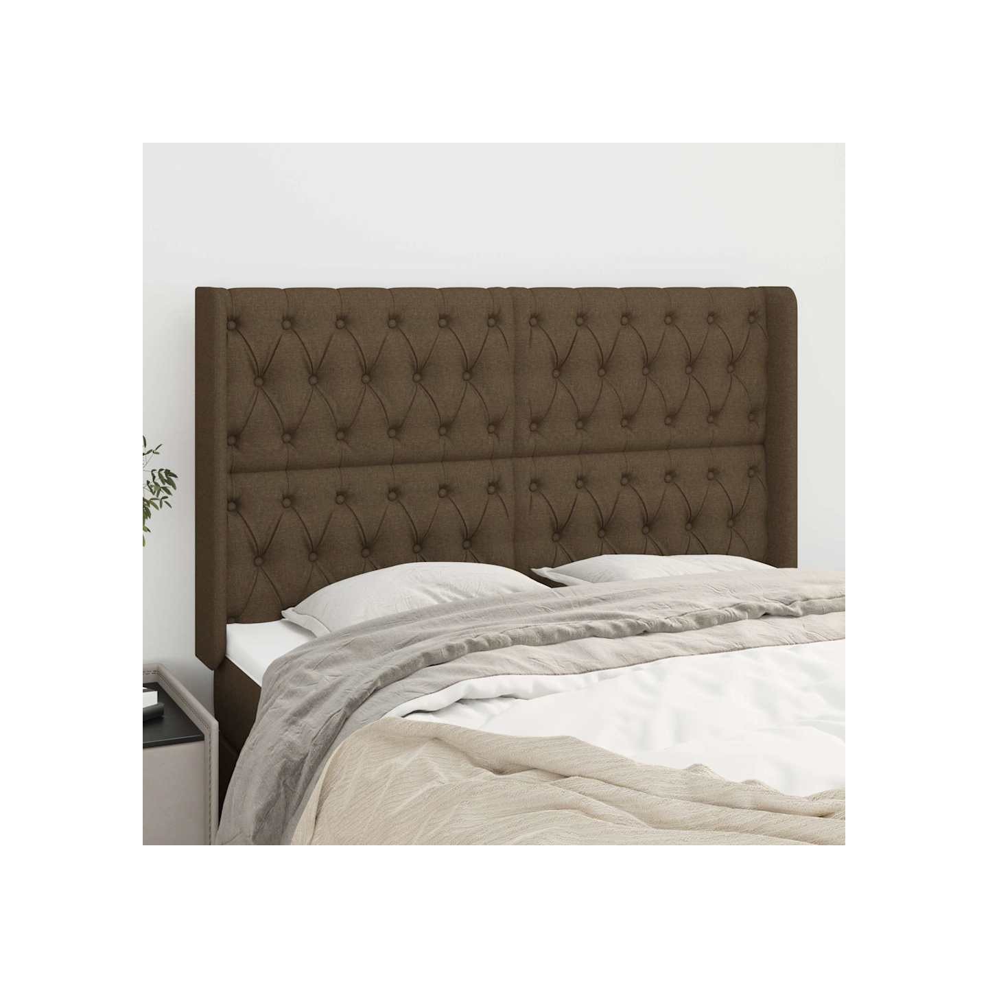 Tête de lit avec oreilles Marron foncé 147x16x118/128 cm Tissu