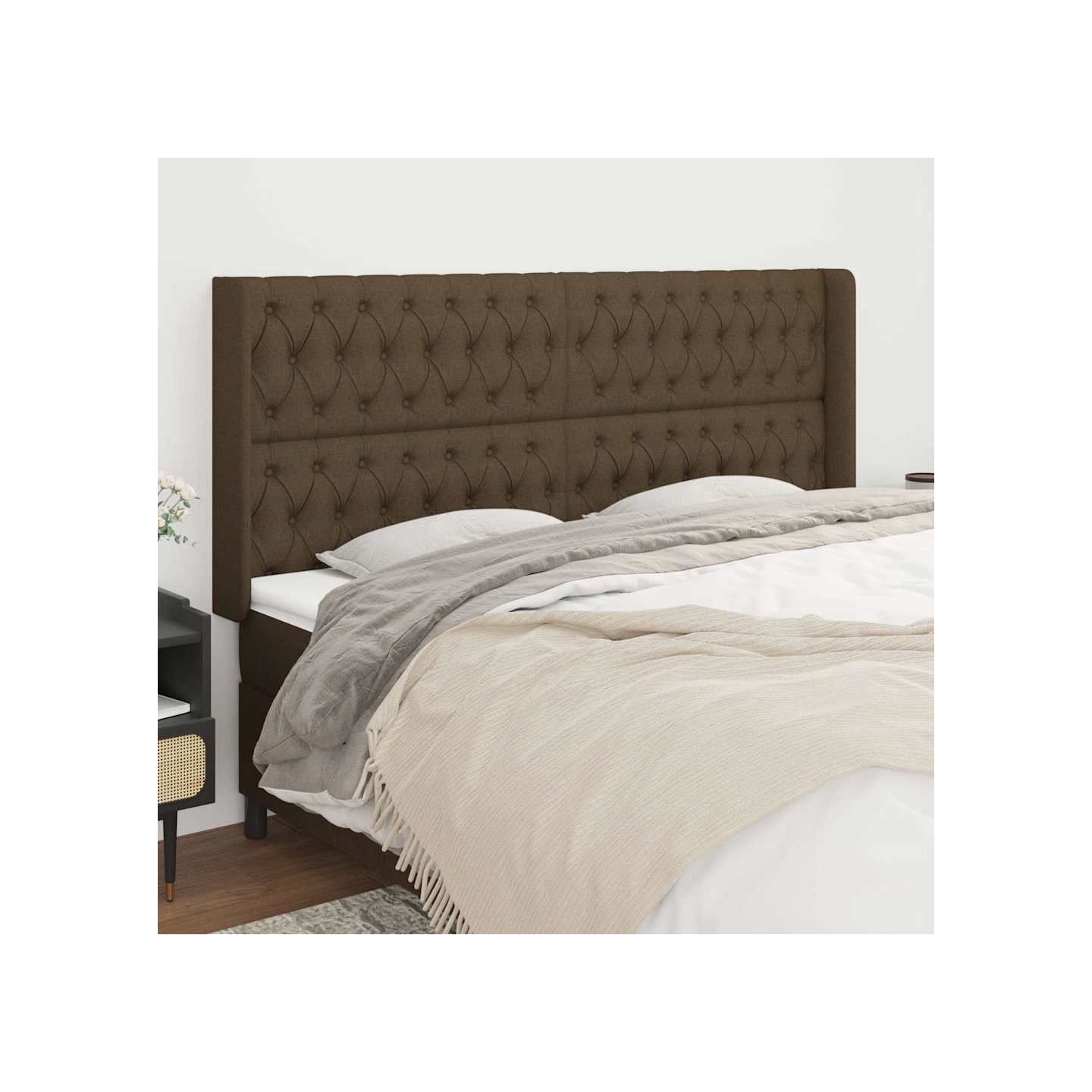 Tête de lit avec oreilles Marron foncé 203x16x118/128 cm Tissu