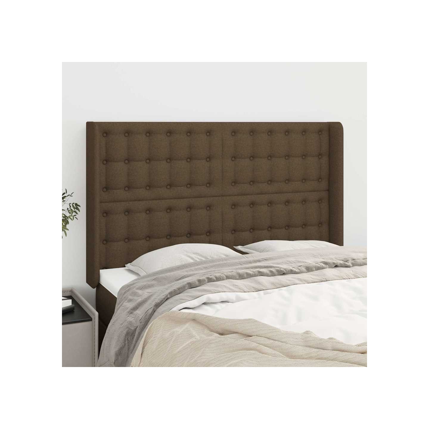 Tête de lit avec oreilles Marron foncé 147x16x118/128 cm Tissu