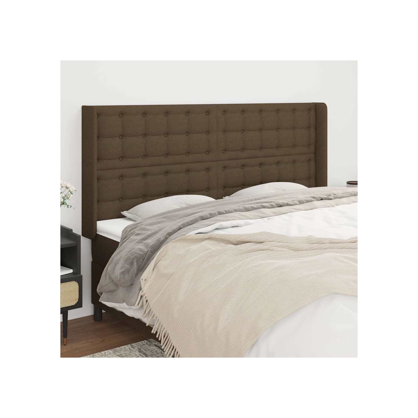 Tête de lit avec oreilles Marron foncé 183x16x118/128 cm Tissu