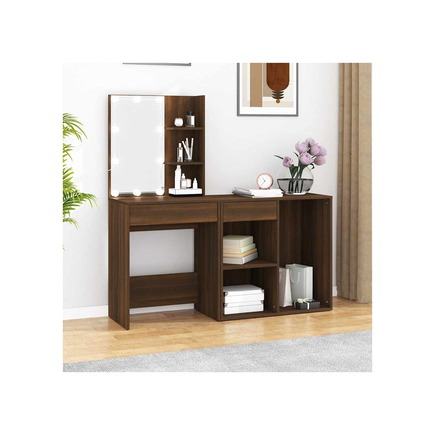 Coiffeuse à LED avec armoire Chêne marron Bois d'ingénierie