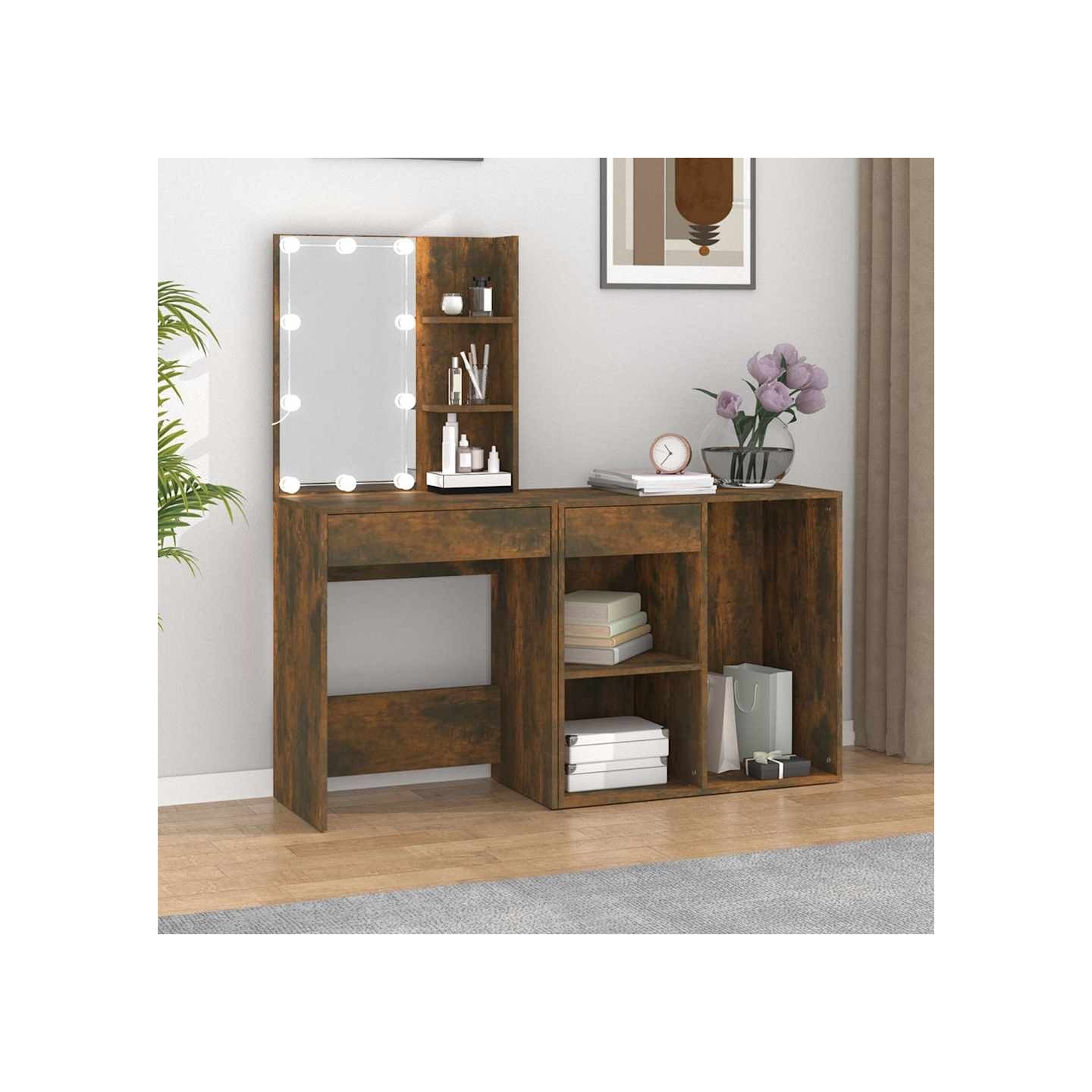 Coiffeuse à LED avec armoire Chêne fumé Bois d'ingénierie
